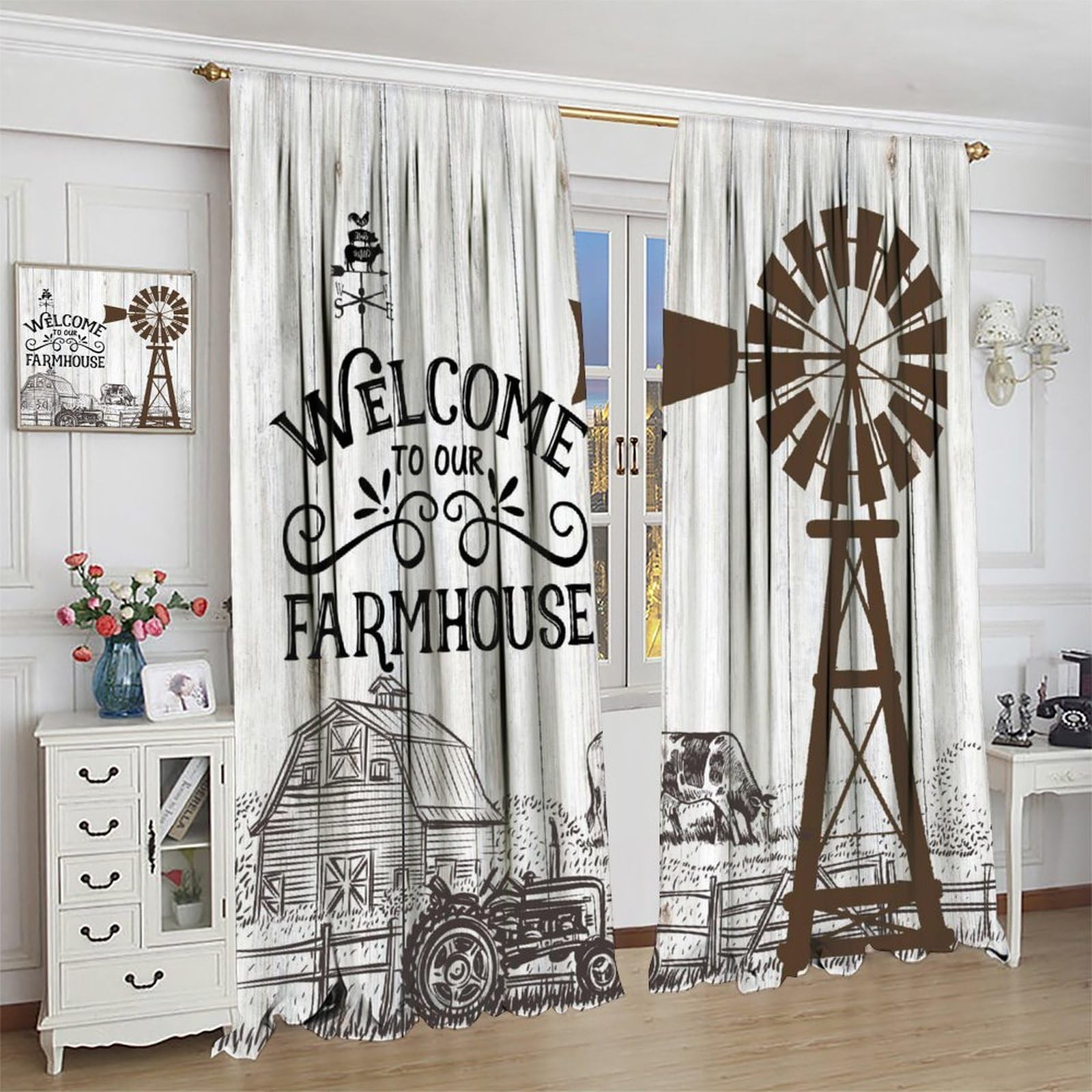 AuiMzoo Rustic Windmill Curtains 84X84 Blackout