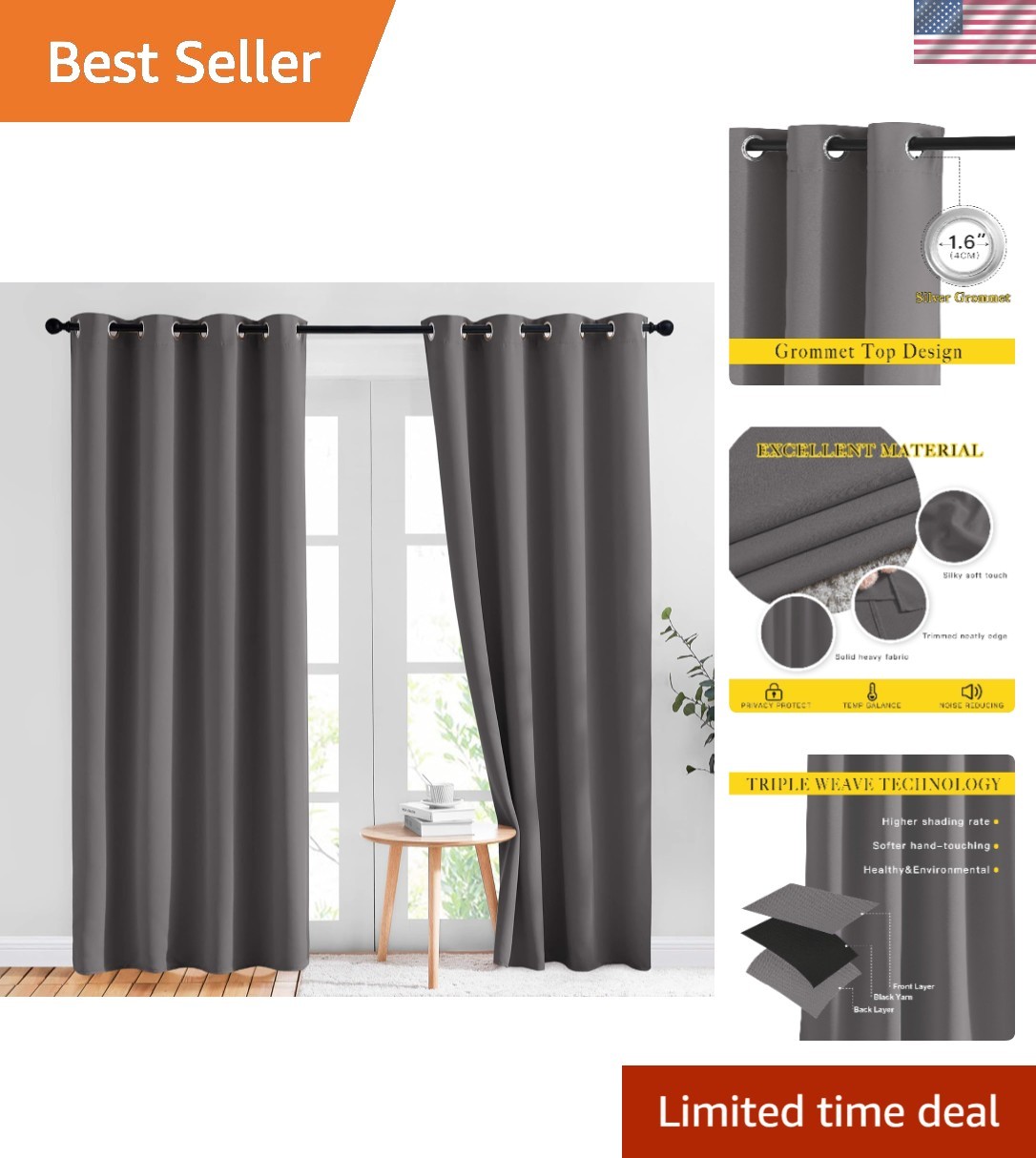 Energy-Efficient Gray Blackout Curtains, 2 Panels – 84” Long Window Treatments