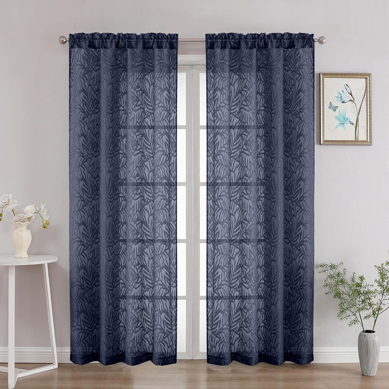 Navy Blue Sheer Curtains 72 Inches Long 2 Panels, Voile Soft Airy Leaf Jacquard