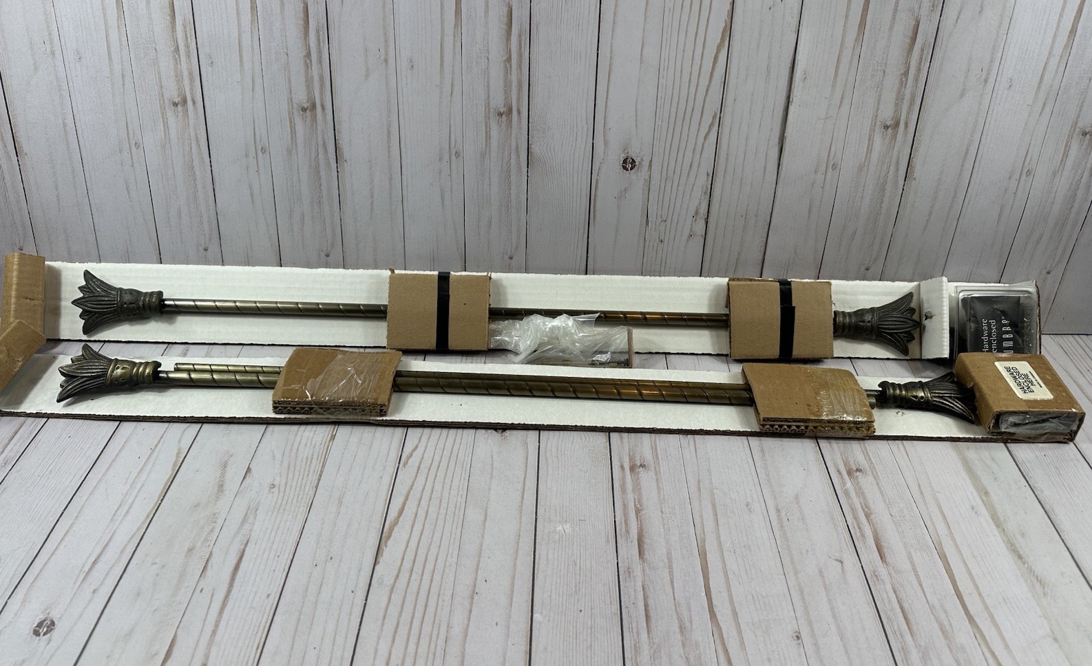2 Design Toscano Curtain Rods, Aged Brass, Lotus Finials, New Open Box
