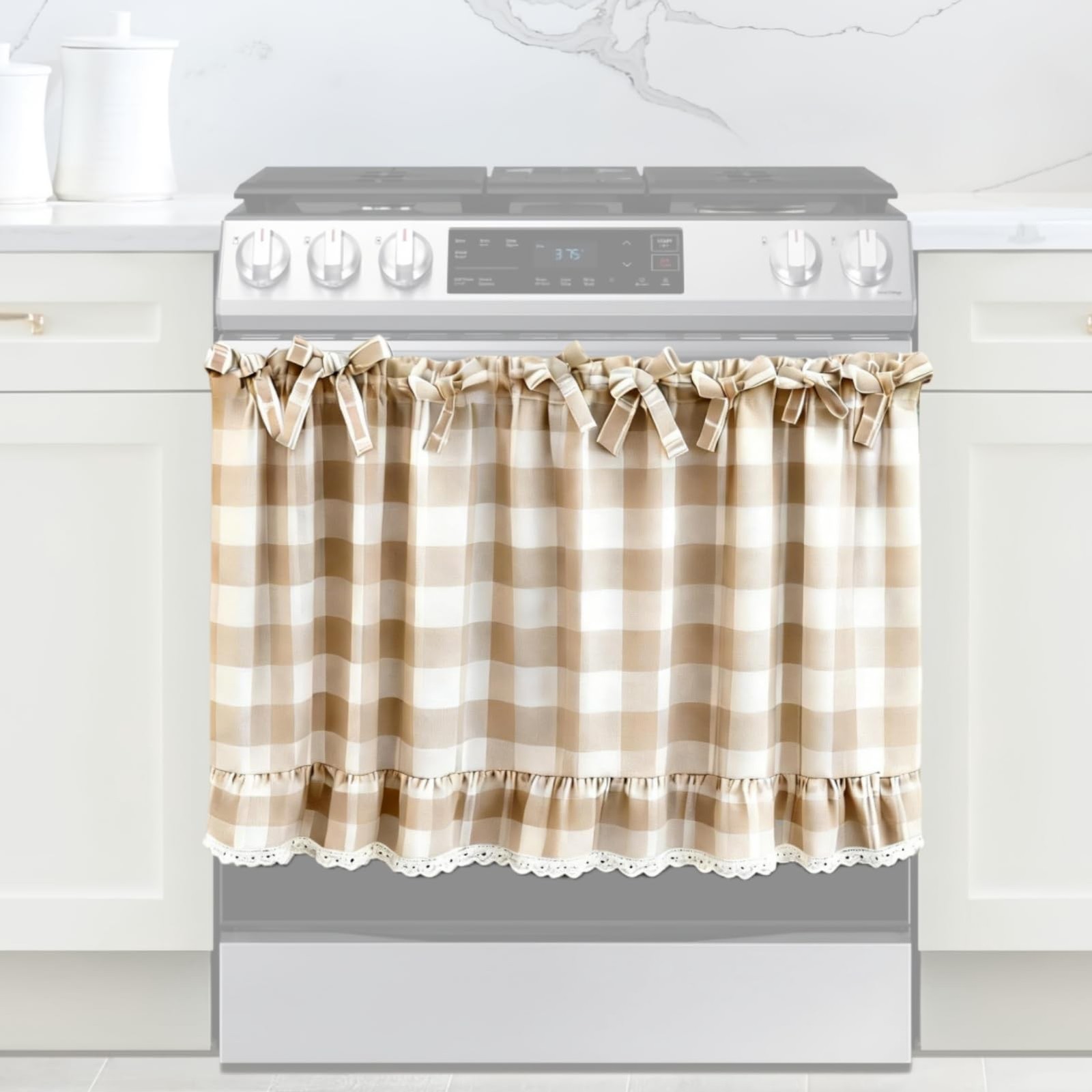 Beige and White Check Oven Skirt for Farmhouse Kitchen Decor, Cotton Blend St…