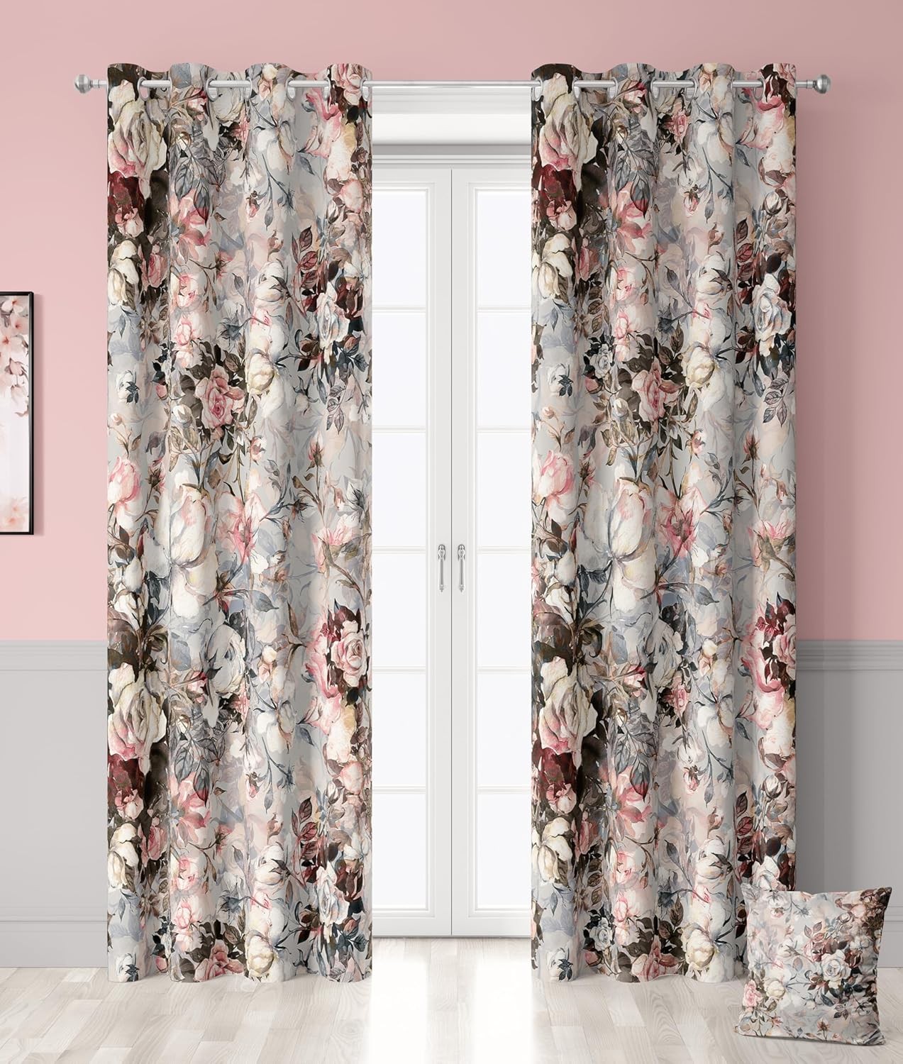 Pink Red Floral Curtains 100% Blackout 2 Panels Set Grey Rose Black Out Curtain