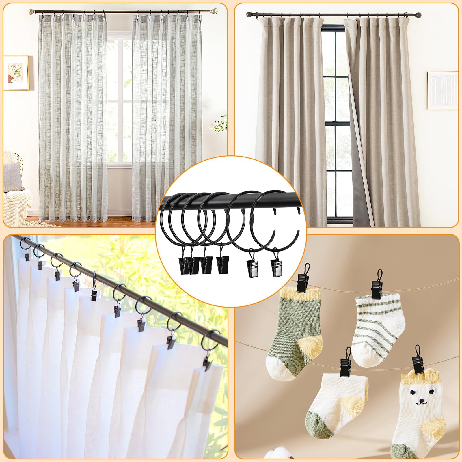 34 PCS Openable Curtain Rings with Clips, 1.25-Inch Inner Diameter Open Drape…