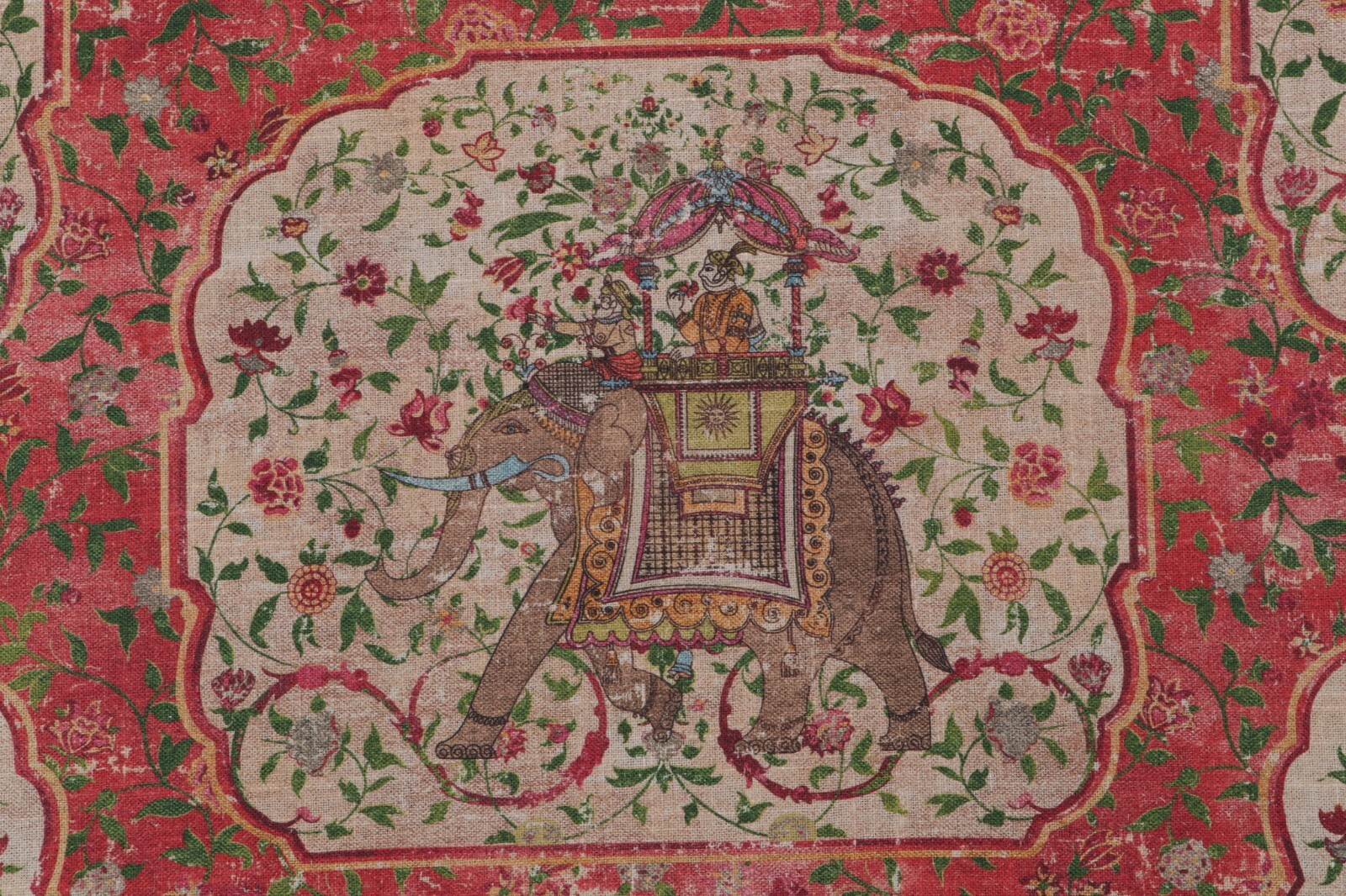 4 Drapes Delightful “MAHOUT” Tusk in Ruby Elephant Toile a Pondicherry Design