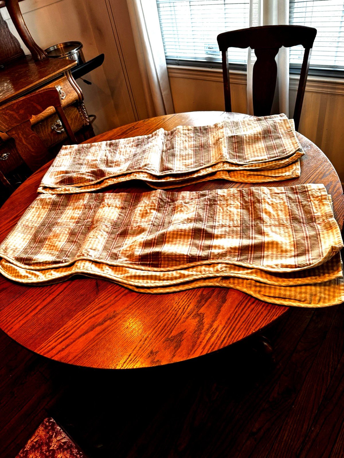 2 Waverly Window Valance Green Tan Check Plaid Print Layered Cotton 81X 16.5″ FS