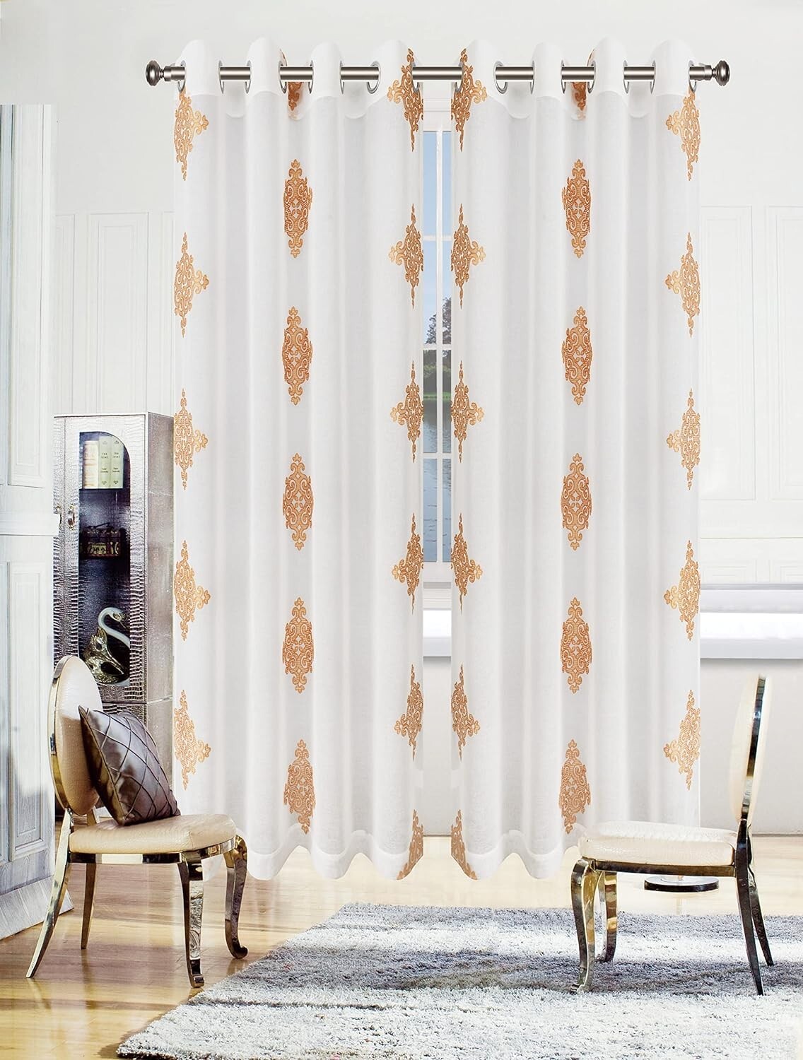SUPERIOR Embroidered Damask Sheer Gold Grommets Window 108 inches 2 panels