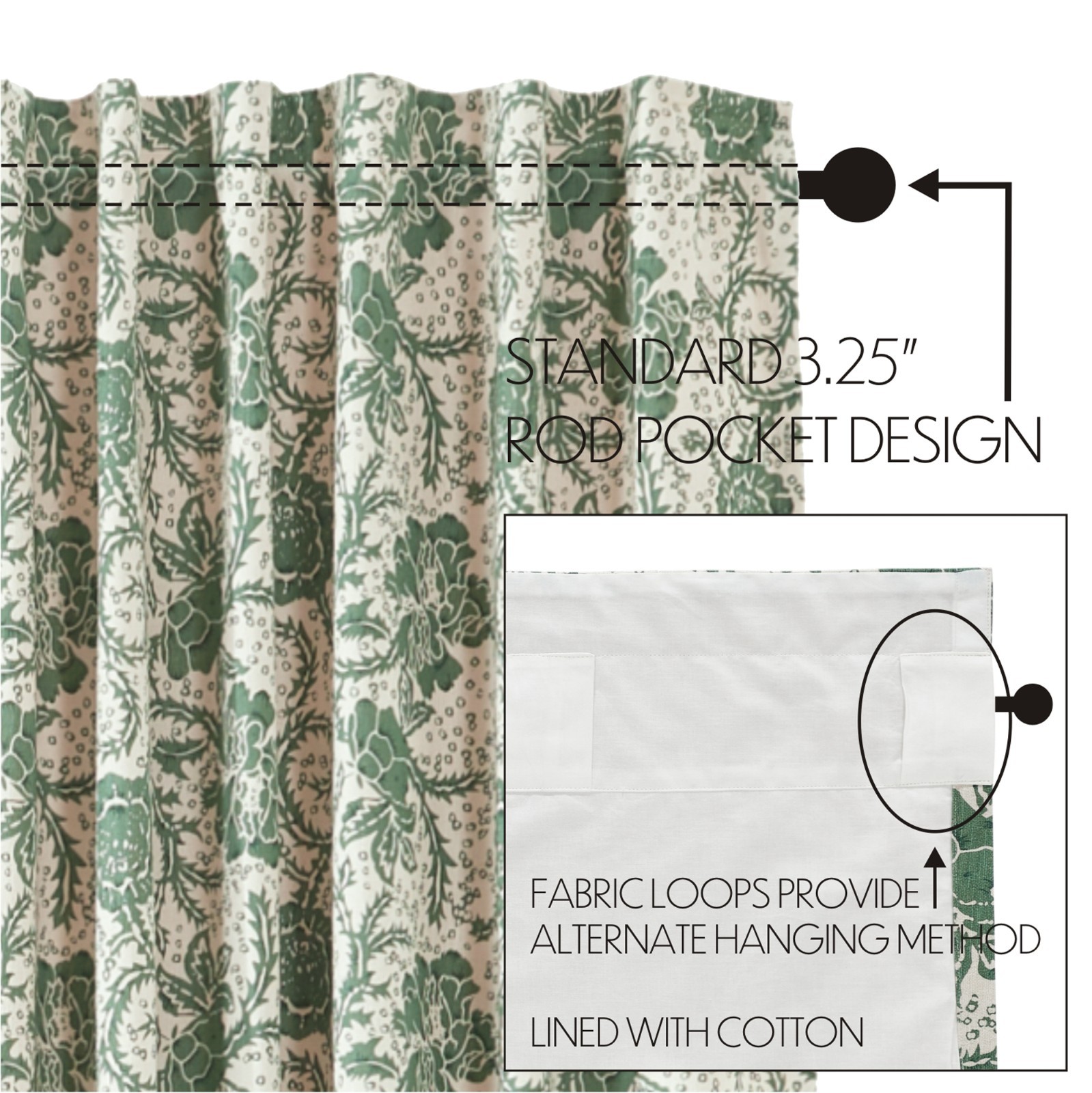 Dorset Green Creme Floral Gathered Country Cottage Prairie Swags 72″ x 36″