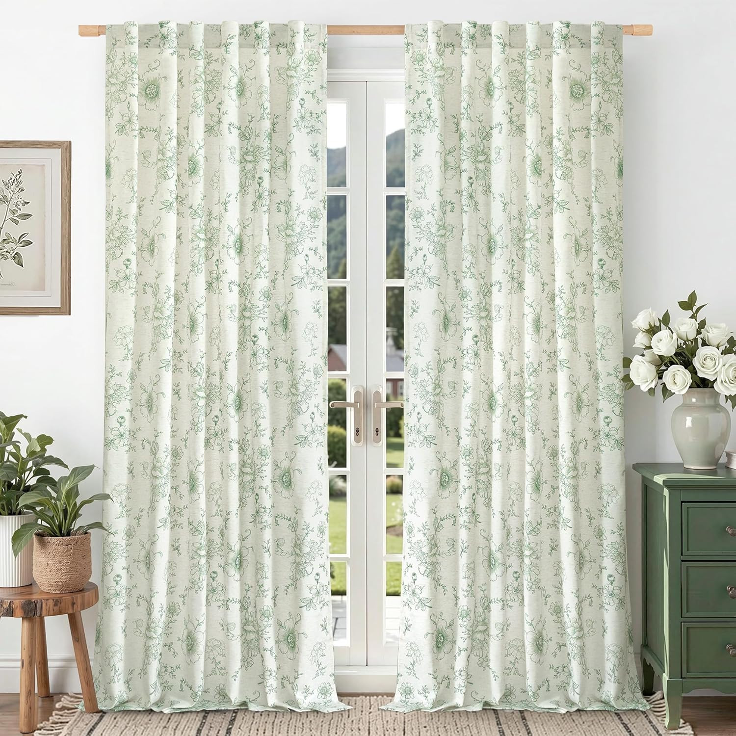 LAMIT Olive Green Floral Linen Curtains 84 Inch Long for Living Room, Light Filt