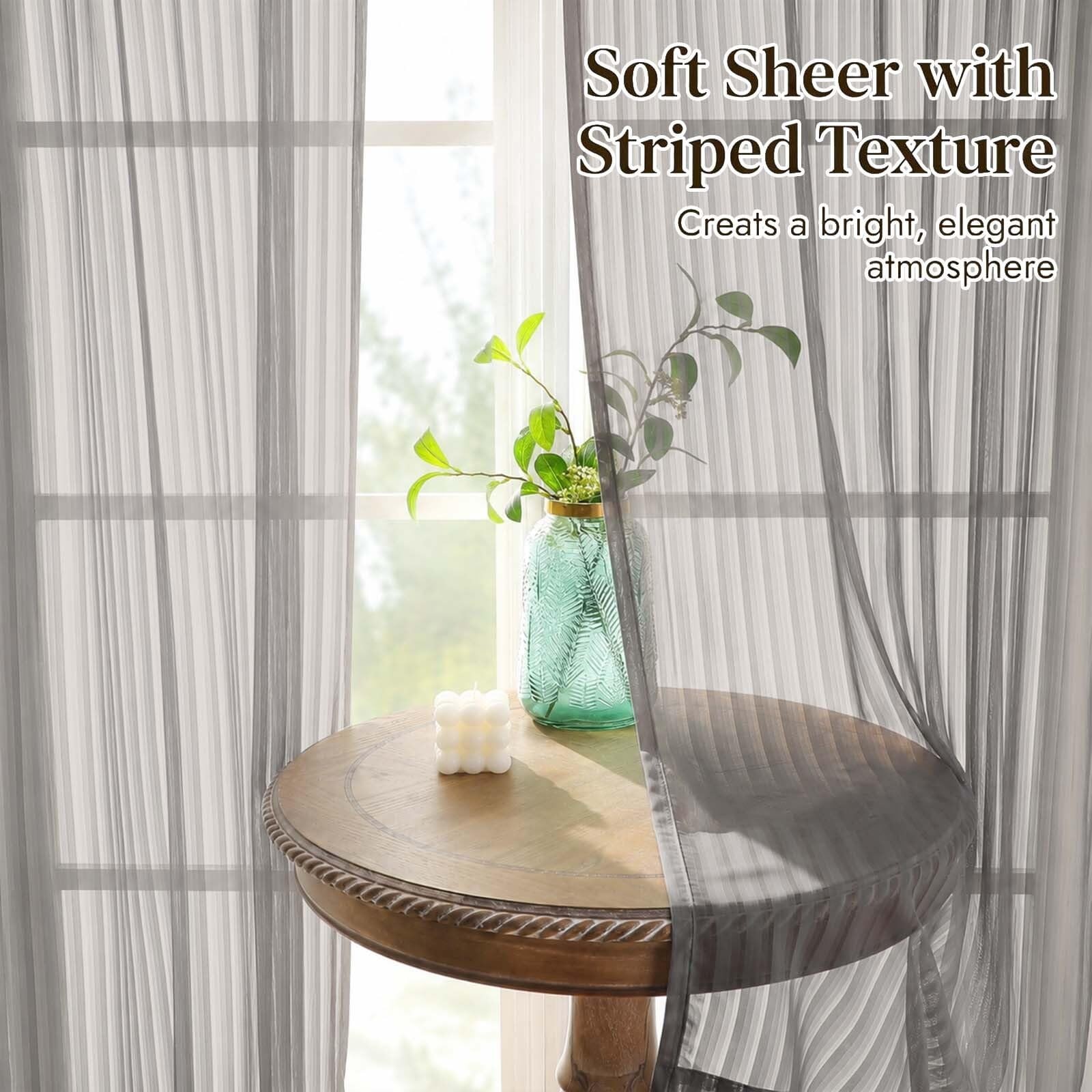 Charcoal Grey Sheer Curtains 63 Inch Length – Striped Design Soft Airy Light …