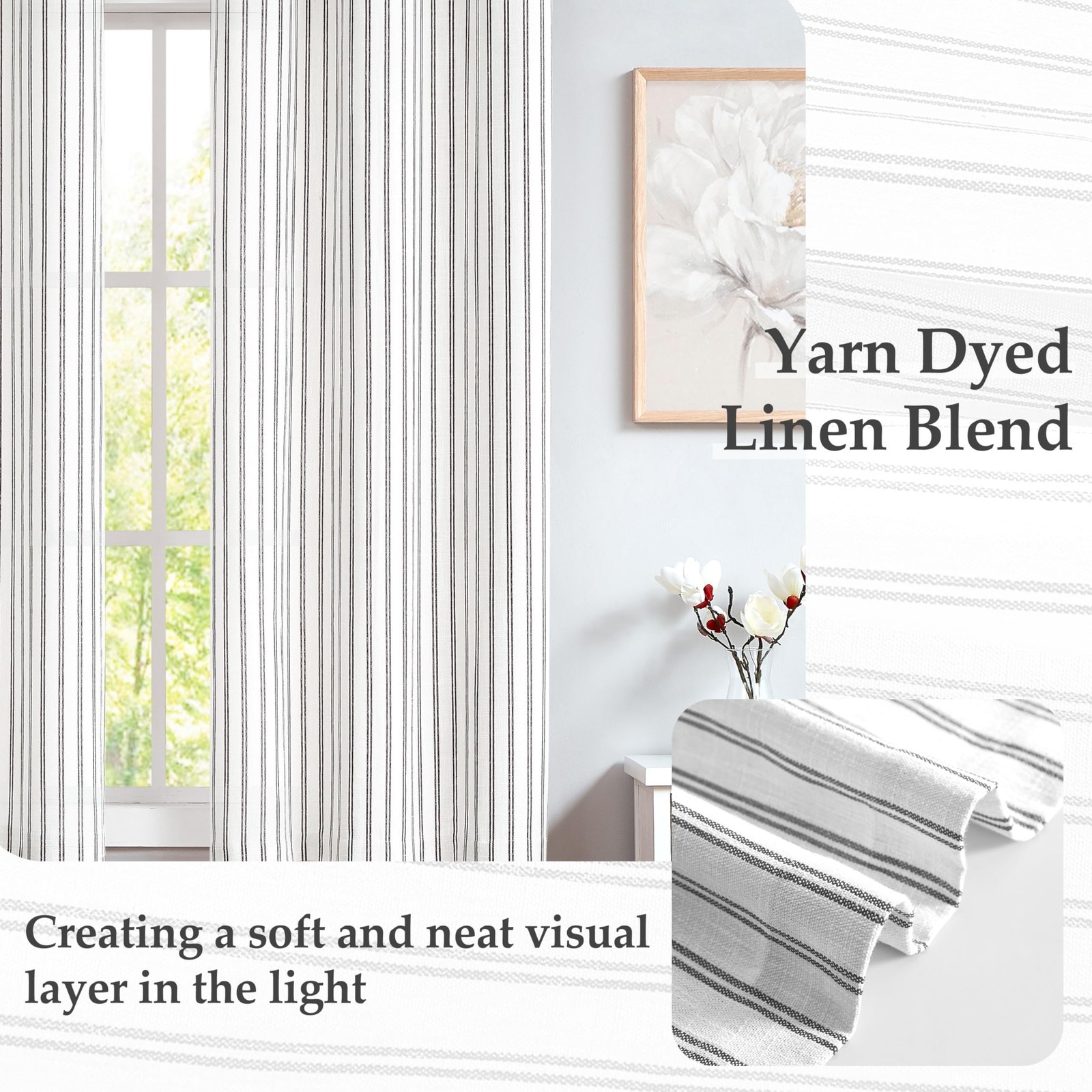 Linen Blend Yarn Dyed Striped Curtain for Living Room,Panels,90″