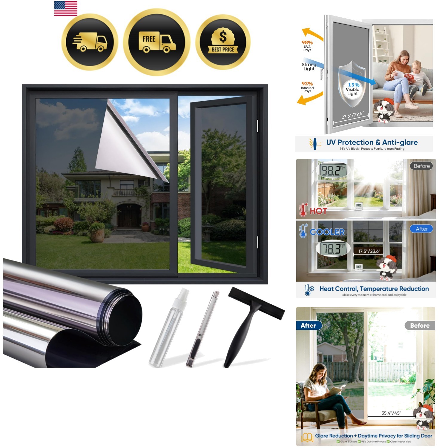 Window Tint for Home, One Way Privacy Film Heat & UV Blocking, Static Cling N…