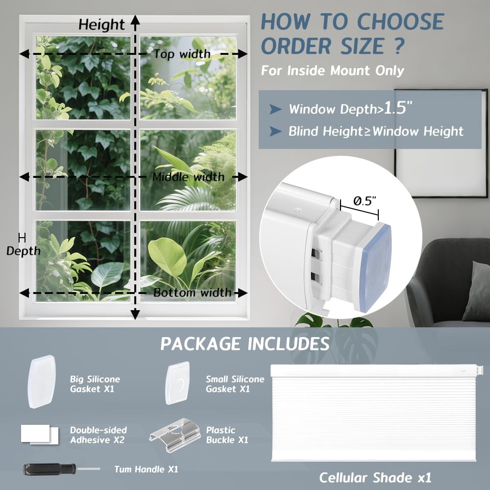Seeye No Drill Cordless Cellular Shades Light Filtering Honeycomb Blinds For