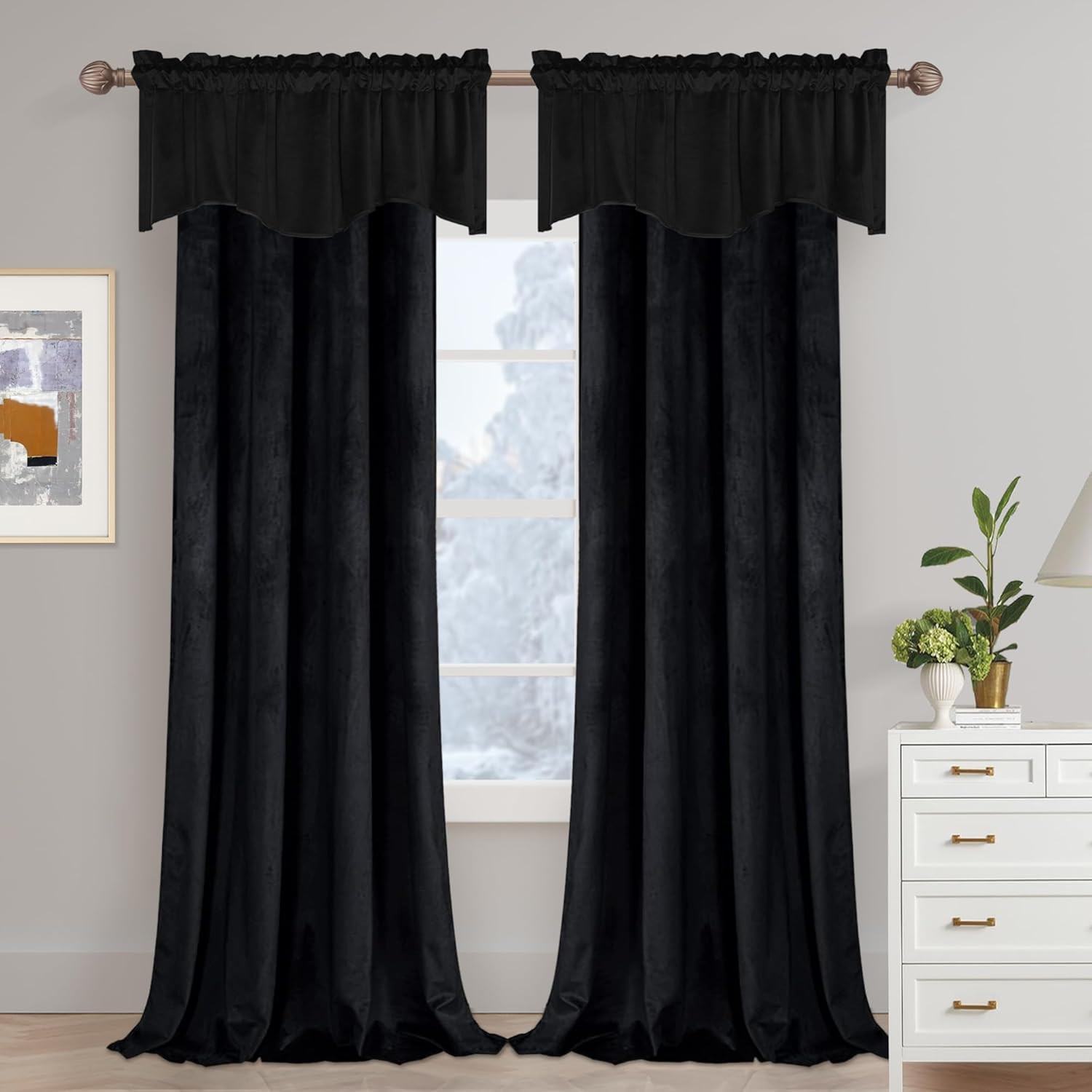 Black Valance for Windows – Kitchen, Living Room, Bedroom Curtains, Scalloped Wi
