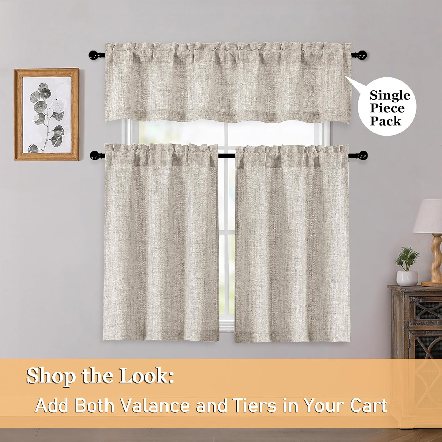 Linen Cafe Curtains 36 Inch Length 2 Panels Set, Light Filtering Textured Short
