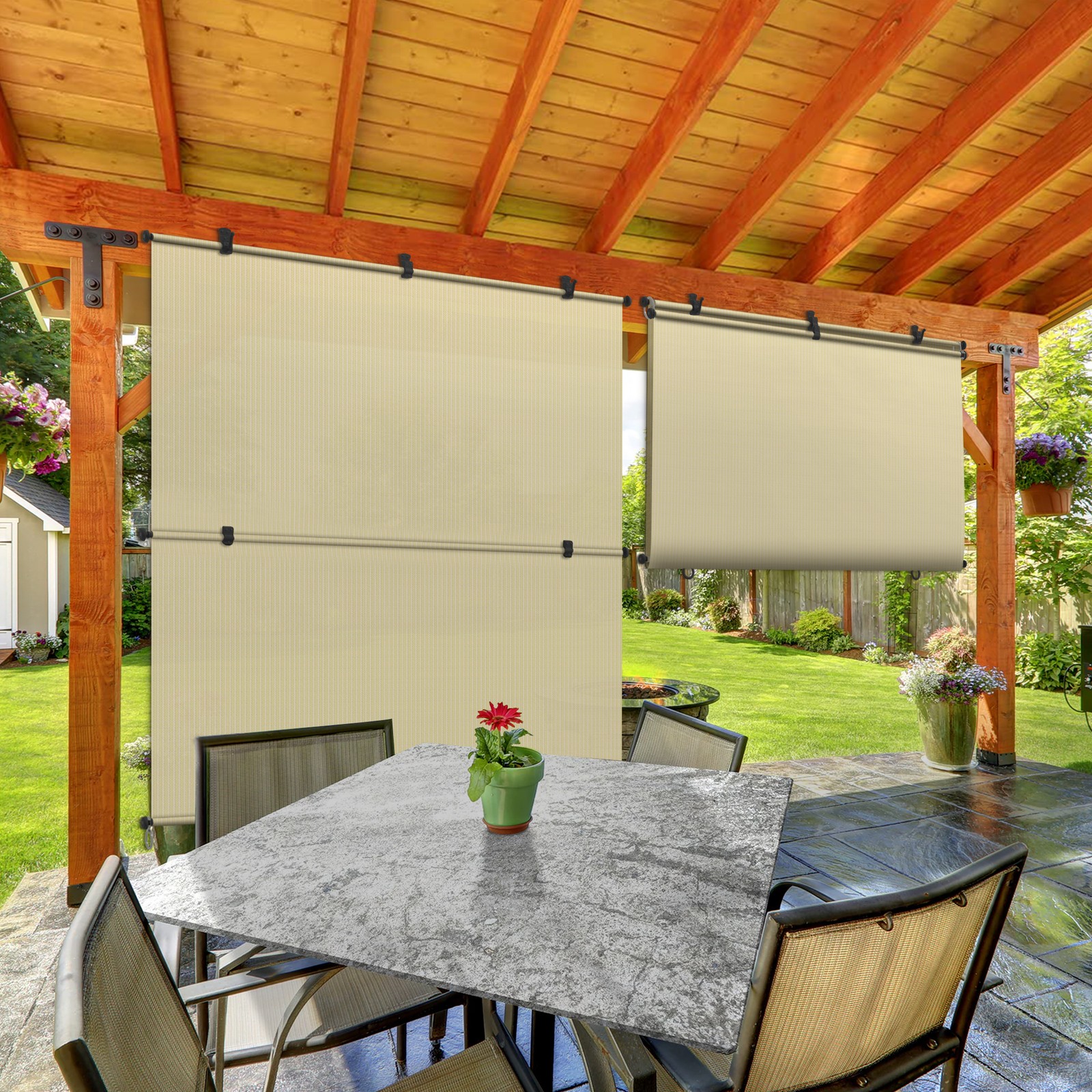 Foldable Roller Shade UV Roll Up Blind for Patio Deck Gazebo Porch Beige Custom