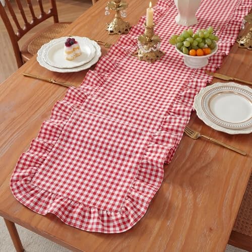 1 Pcs Plaid Gingham Ruffle Table Runner 118 x 13.8” 118 x 13.8 Inch Red