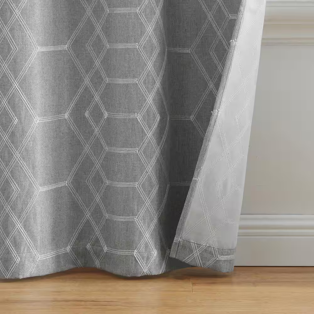 Kendal Gray Polyester Embroidered Geometric Print 37 In. W X 84 In. L Grommet To