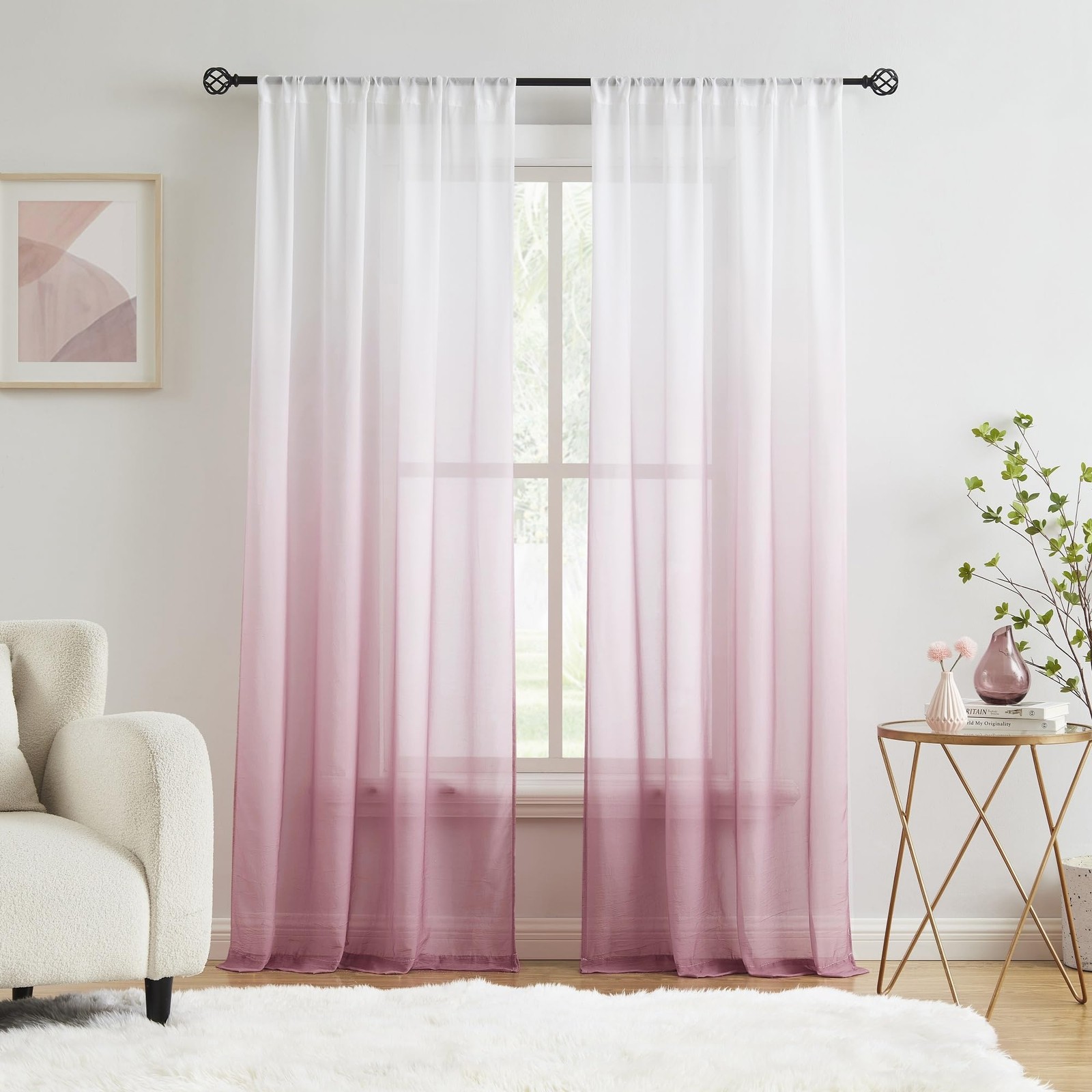 Ombre Chiffon Sheer Curtains Pink for Living Room Decor, Gradient Light Filte…