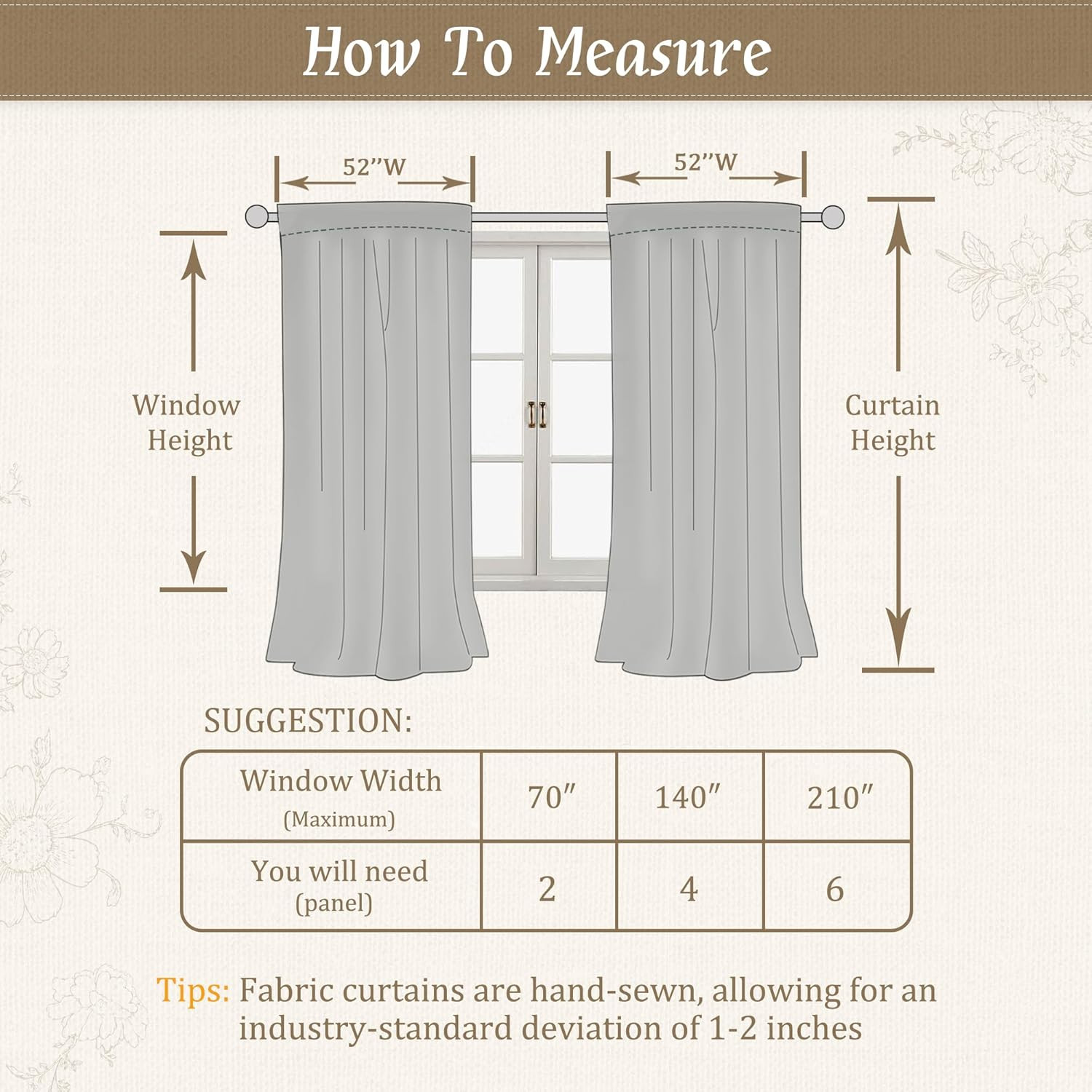 LAMIT Beige Floral Linen Curtains 63 Inch Length, Light Filtering Bedroom Drapes