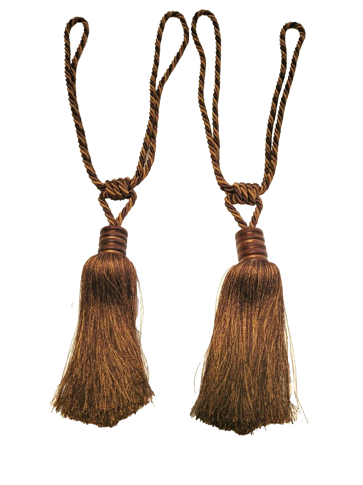 Vintage Large Drapery Tiebacks Set of 2 Brown Red Gold Tassels Braided Rope 28″