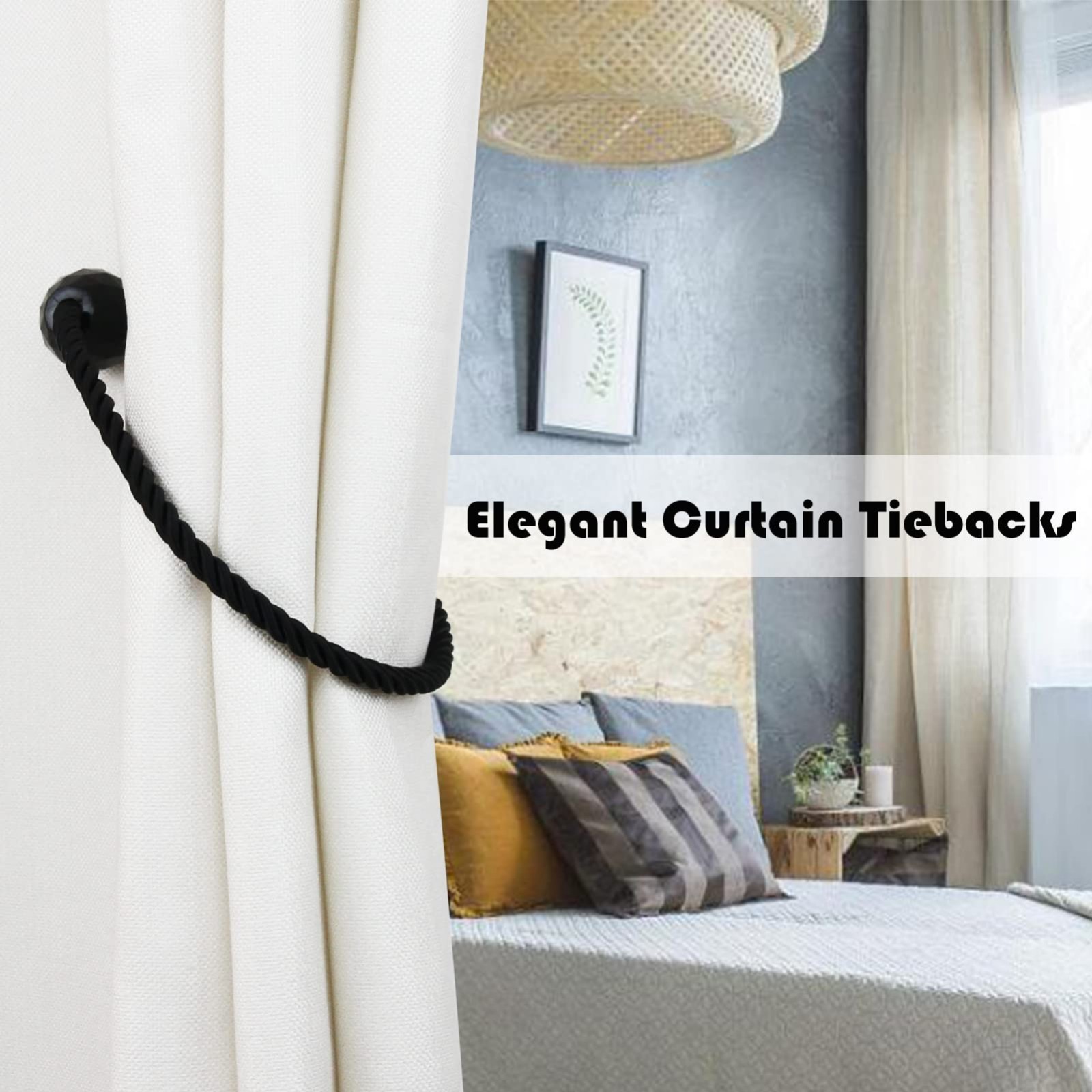 Magnetic Curtain Tiebacks 4 Pack – Black Decorative Holdbacks for Drapes & Outdo