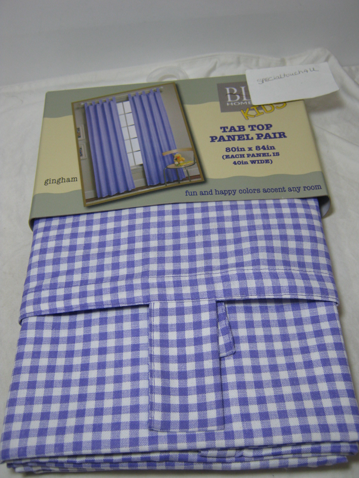 BL Home Kids Purple White Gingham Tab Top Panel Pair Window Panels 80″x84″ New