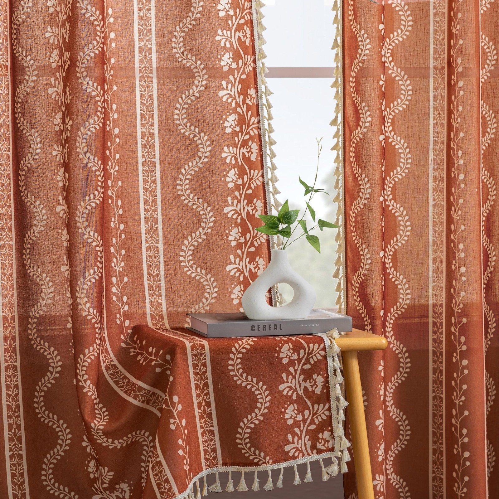 Lino Rosa Bohemian Hippie Floral Patterned Curtains 96 Inch Long Copper Burnt