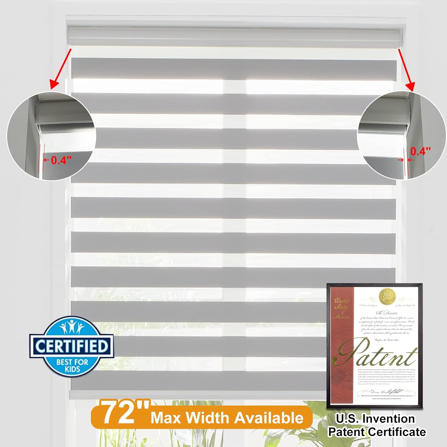 Zebra Shades Free Stop Roller Shades for Windows (45″ W X 72″ H, Grey) Cordless
