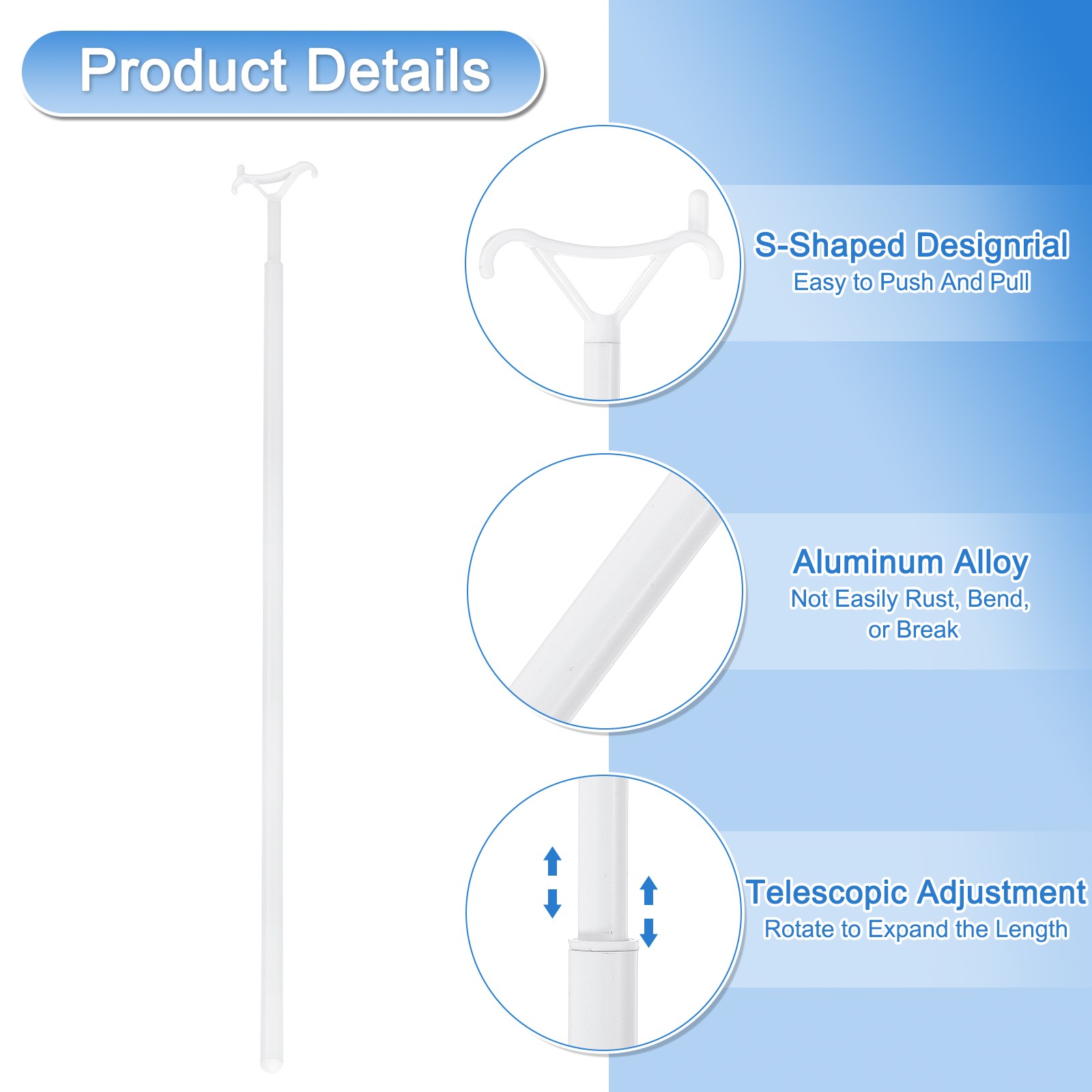 2Pcs 29″-53″ Draw Rod for Cordless Blinds Window Shades Up and Down Rod White