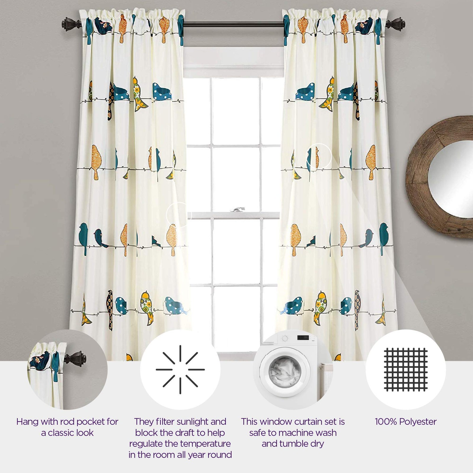 Lush Decor Rowley Birds Curtains Room Darkening Window Panel Set for Living,