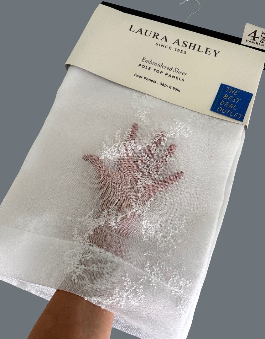 Laura Ashley Window Curtains 4 Panels 38 x 96″ Snow White Embroidered Sheer