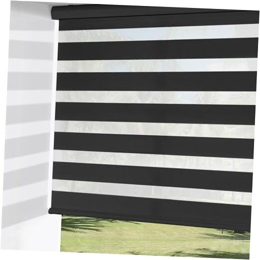 Cordless Zebra Blinds for Windows, Dual Layer Free-Stop 20″W x 72″H Black