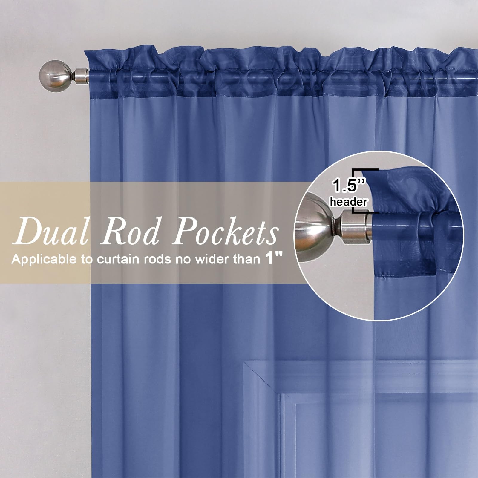 Lecloud Royal Blue Sheer Curtains 54 Inch 42″W x 54″L (Pack of 2),