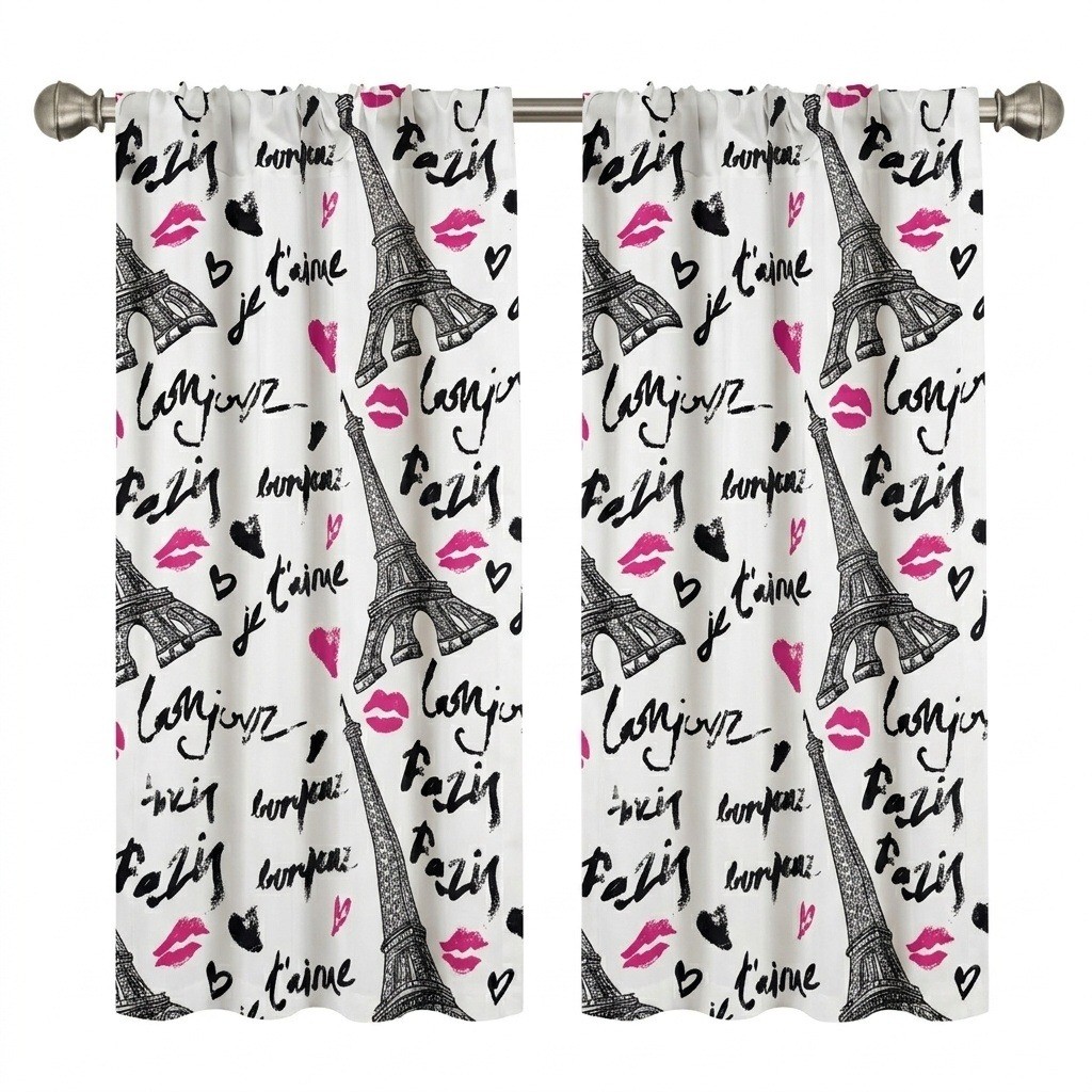 Ambesonne Paris Eiffel Tower Curtains 2 Panel Set White Pink Black 56×84 NEW