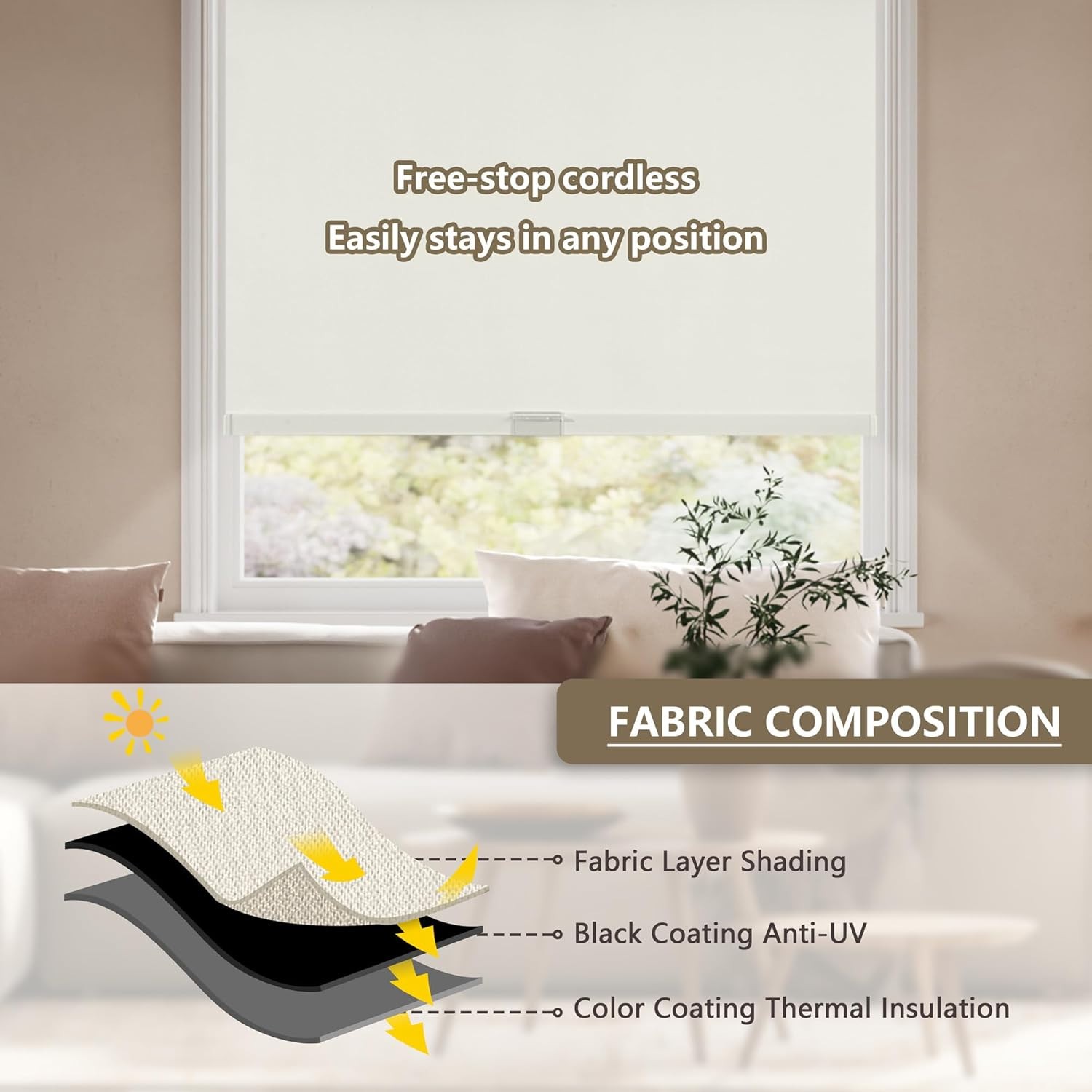 SunOff Cordless Blackout Roller Shades Beige Pull Down 32″ W x 72″ L