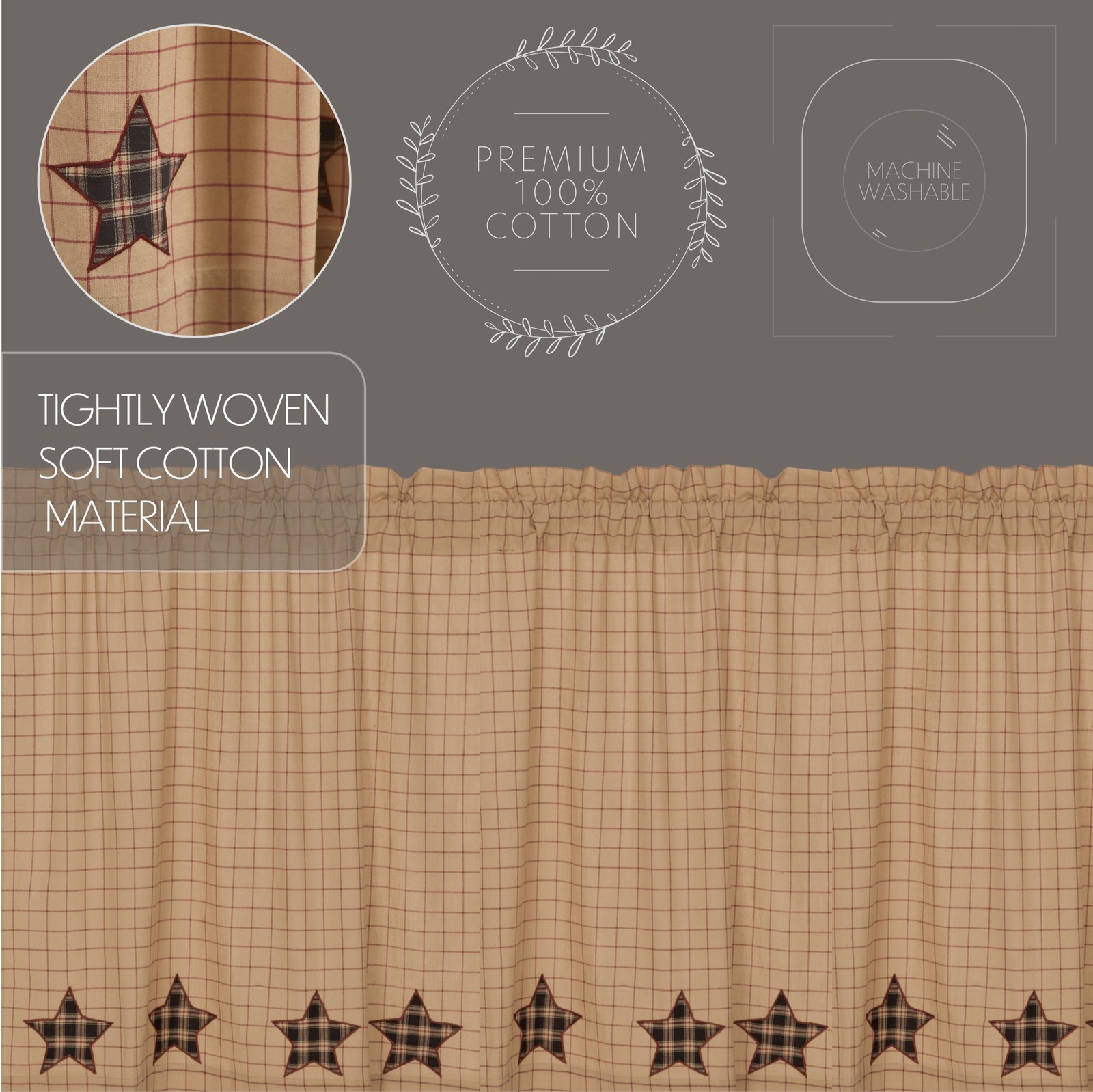 Primitive 24″x36″ Star Tier Pair Black Rod Kitchen Window Curtains VHC Brands