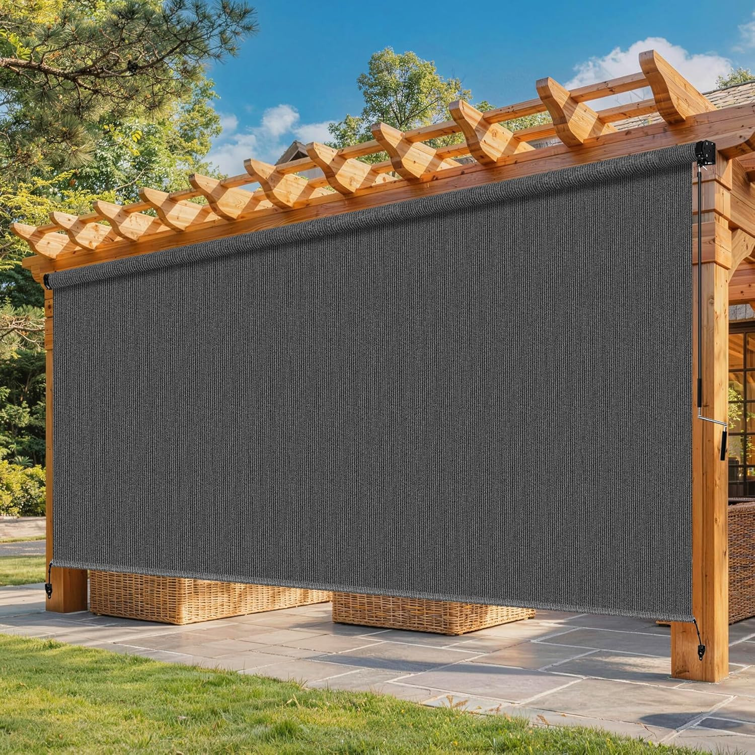 10’W X 8’H Gray Outdoor Roller Shade with Crank Wand Patio Shades Roll Up, Priva