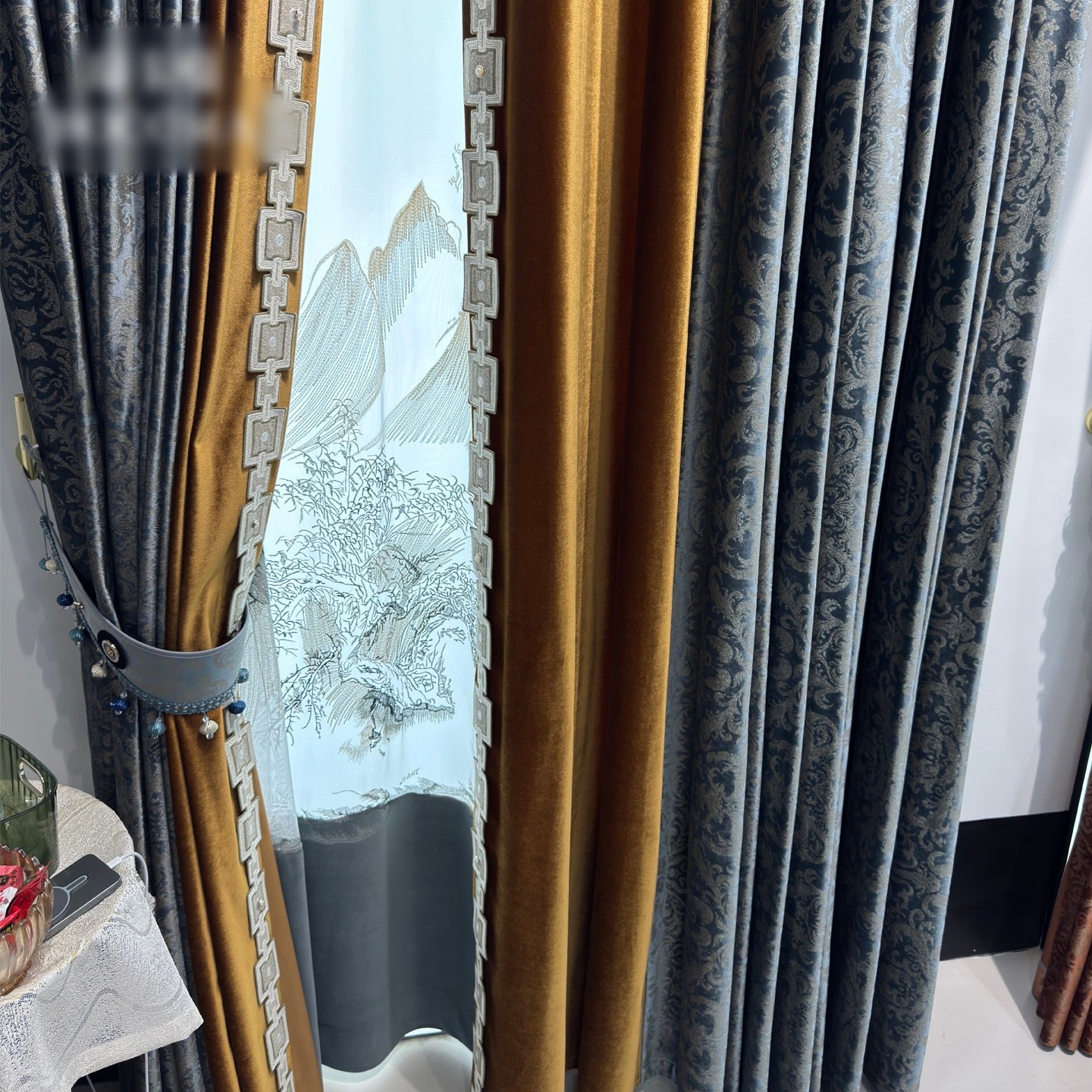European grey bronzing embroidery flannel valance window curtain tulle M1911
