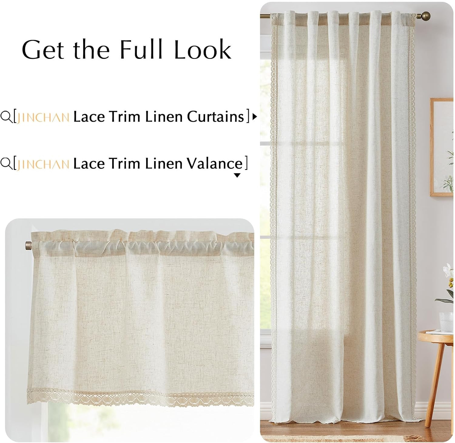 jinchan Linen Valance with Lace Trim Farmhouse Rustic Valance Curtain for Window