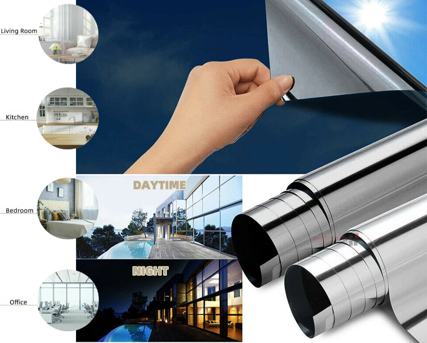 One Way Mirror Tint Window Film Privacy Protect UV Reflective Sun Block For Home