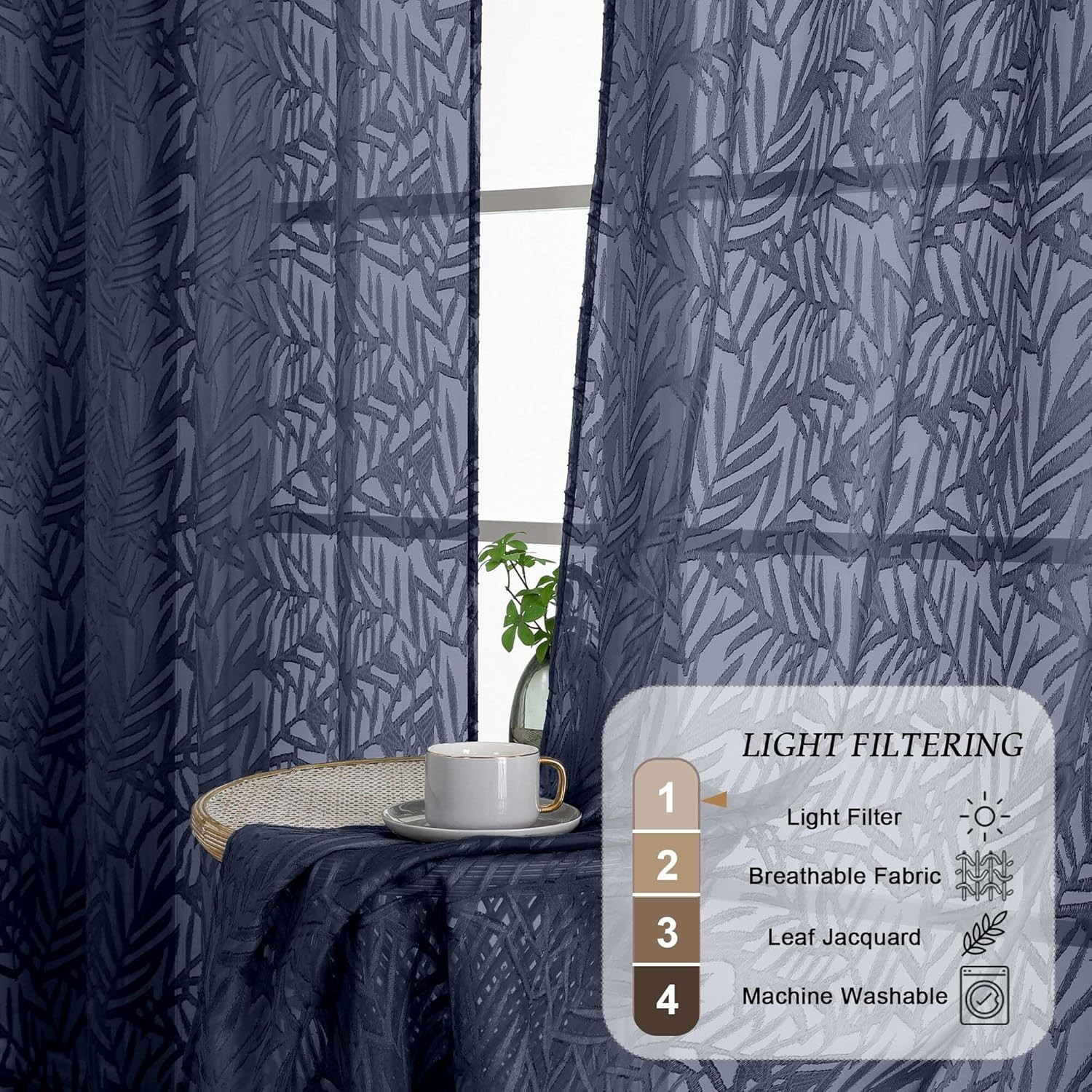 Navy Blue Sheer Curtains 72 Inches Long 2 Panels, Voile Soft Airy Leaf Jacquard