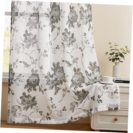 Floral Curtains 96 Inches Long 2 Panels for Living 52″W x 96″L (Pack of 2) Grey