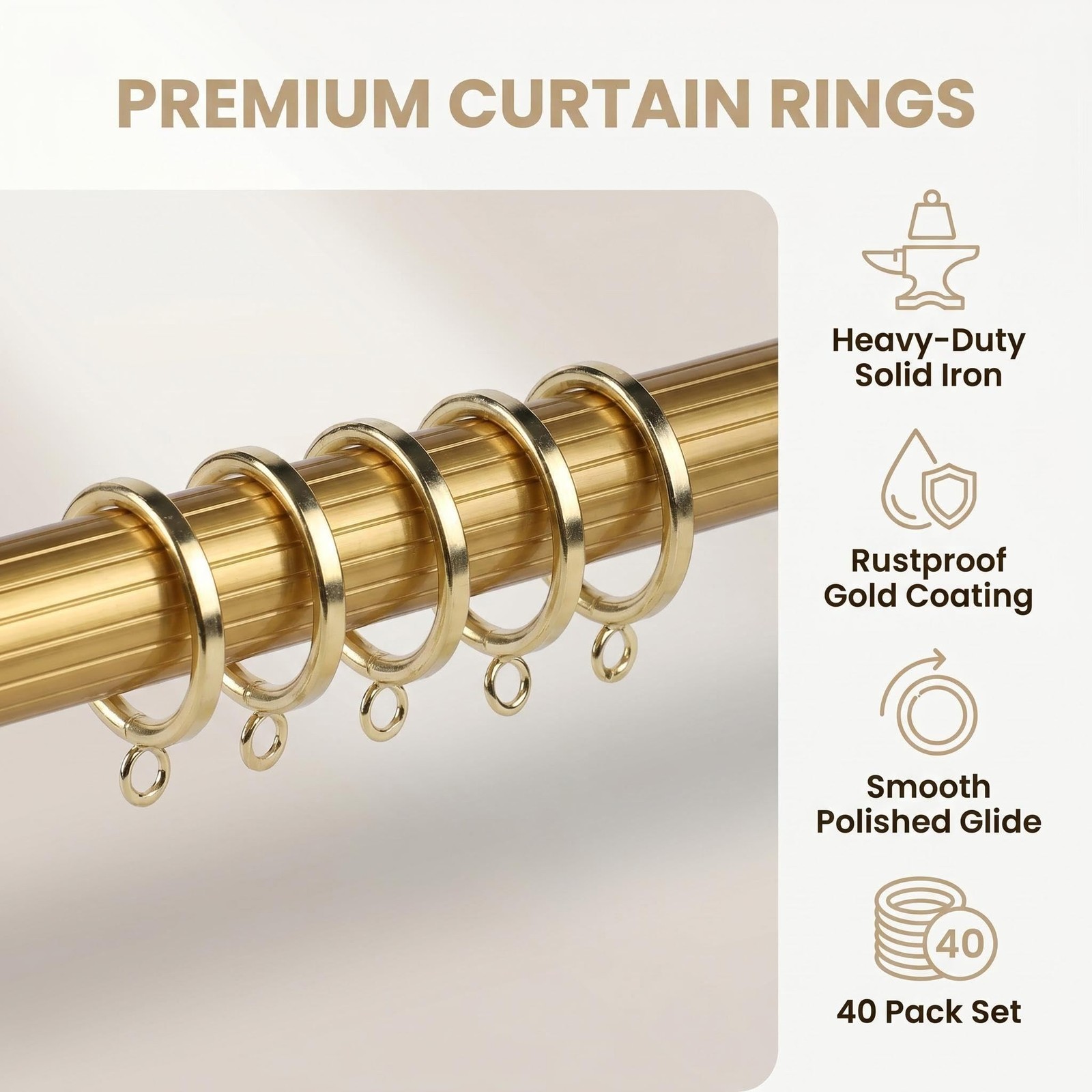 1.25 Inch HalfRound Gold Curtain Eyelets 40 PCS Heavy Duty Iron Quiet Glide