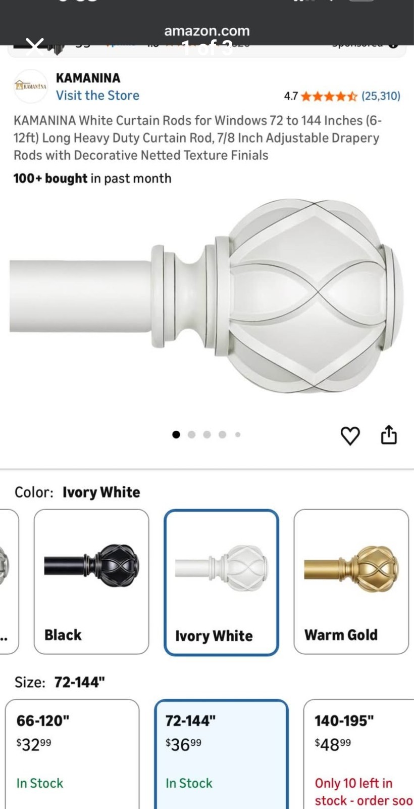 KAMANINA Ivory White Metal Curtain Rod 72-144 in with Decorative Finials