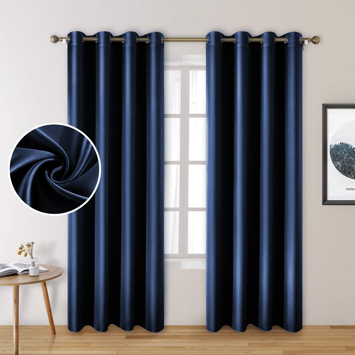 HOMEIDEAS Navy Blue Faux Silk Blackout Curtains 52×96″ Thermal Room Darkening