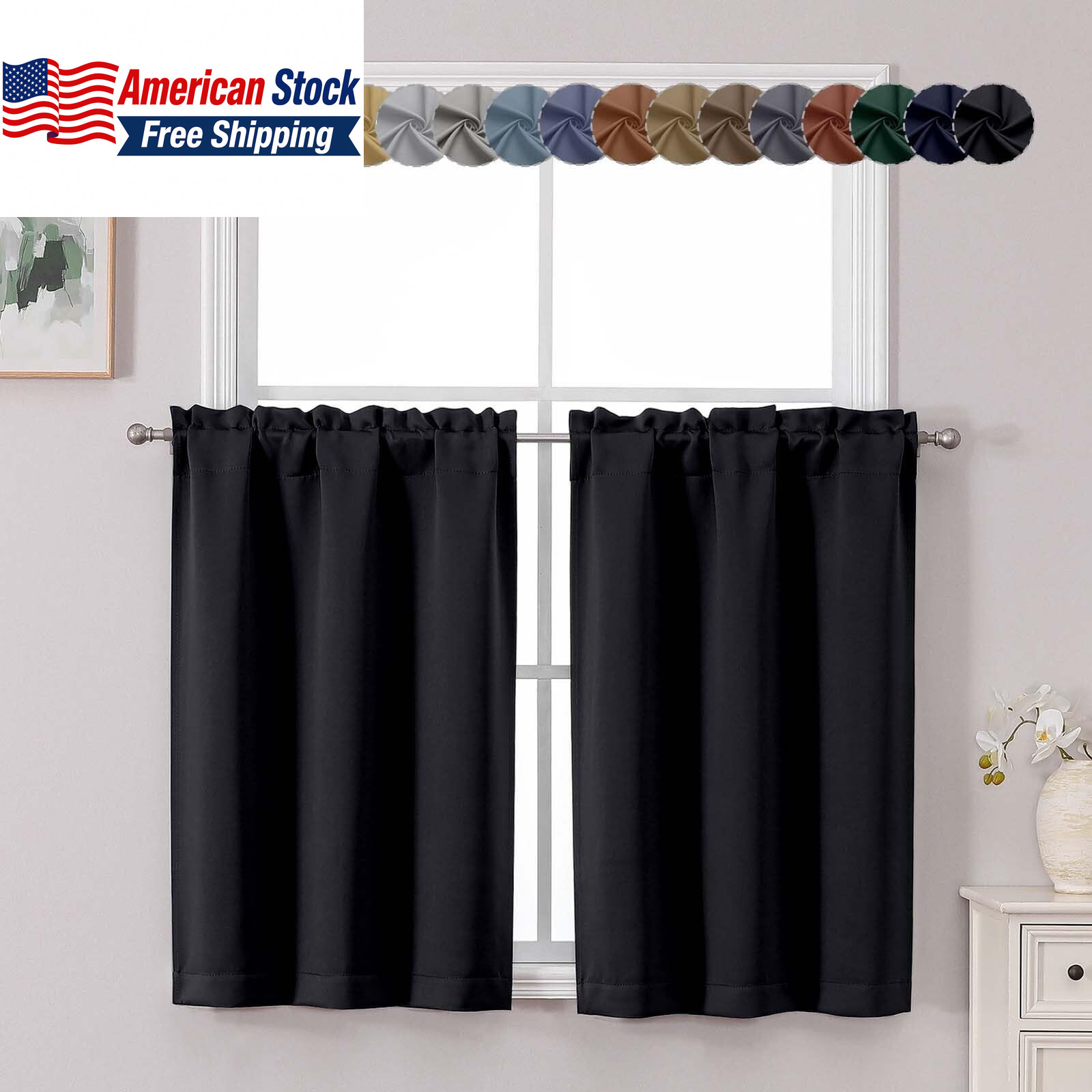 2PCS Blackout Tier Curtains 30x36in Black Thermal Insulated FROM USA