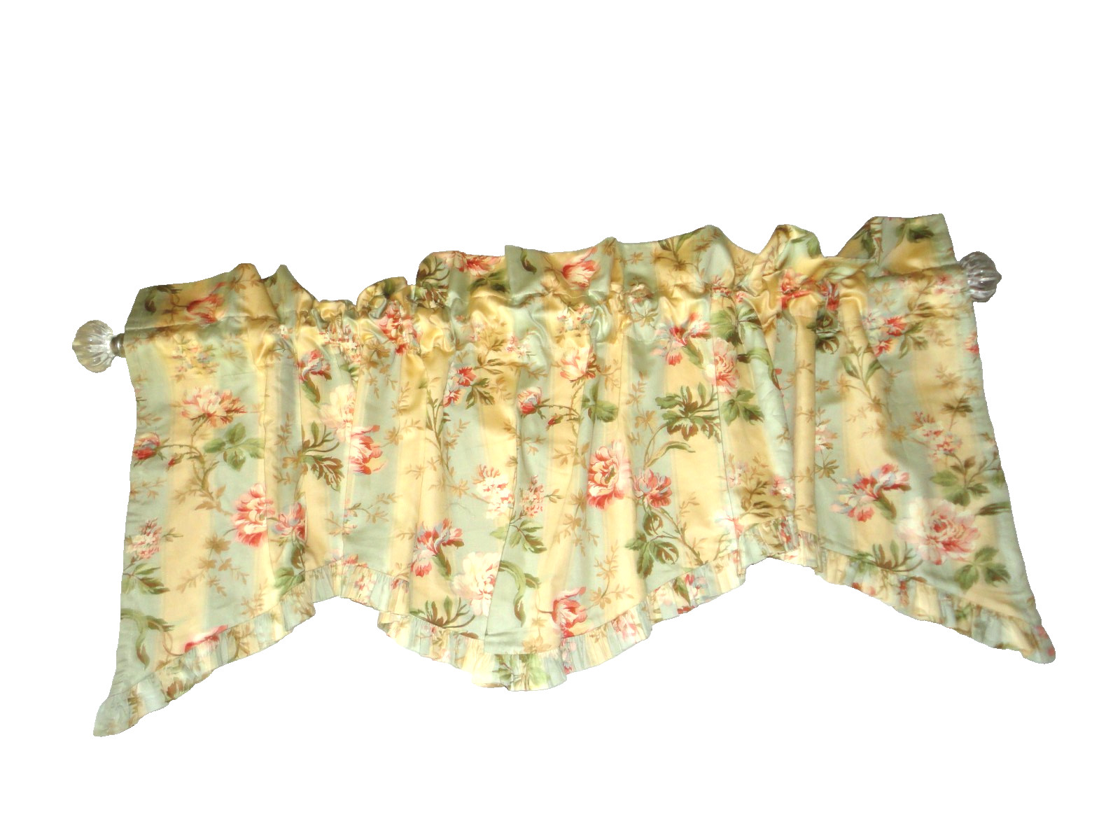 WAVERLY AMELIA BLUE TALLOW SATEEN FLORAL STRIPE RUFFLED SCALLOPED VALANCE 22X69
