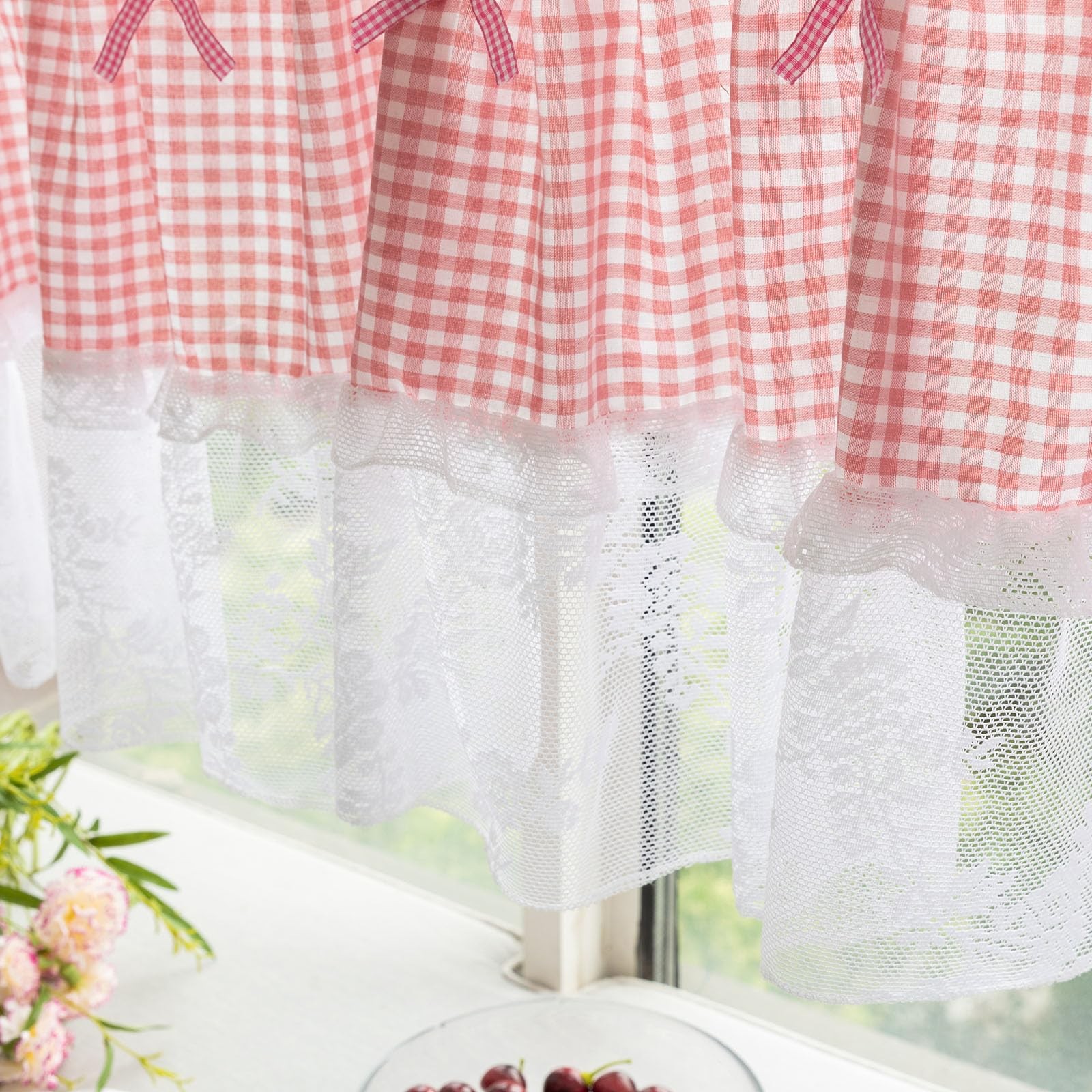 Pink and White Buffalo Check Plaid Window Valances Floral Lace Semi Sheer Kit…