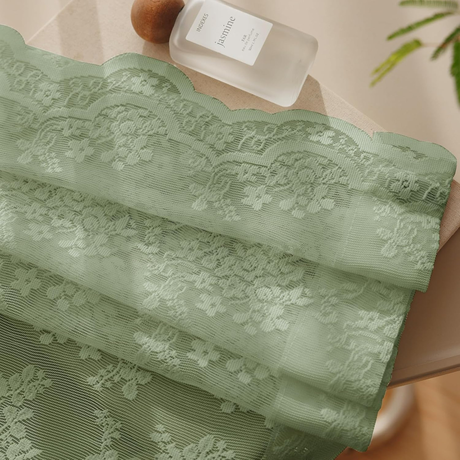 Vintage Sage Green Lace Curtains 63 Inch Long 2 Panel Set Light Filtering Semi