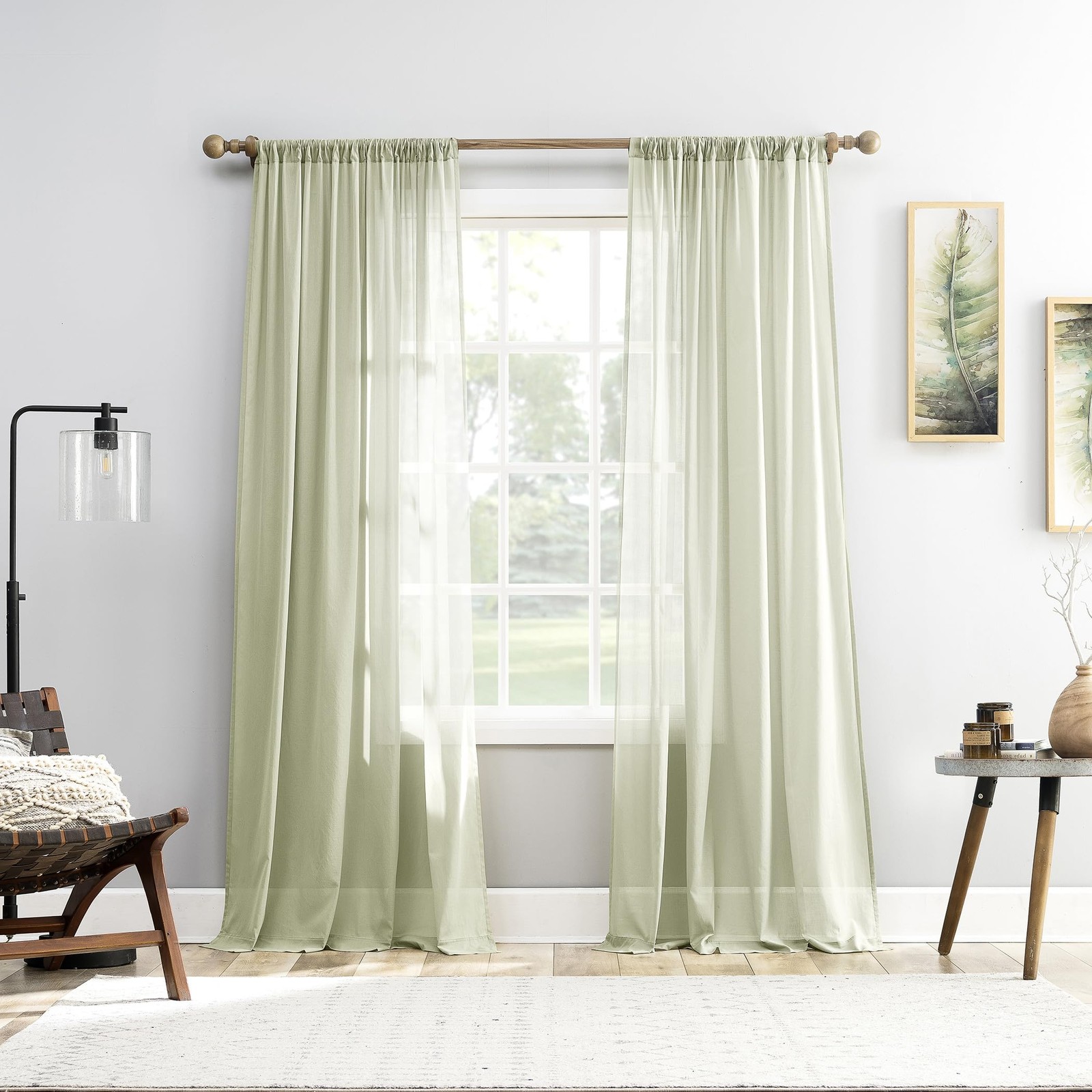 Moss Green Cotton Sheer Curtain 50 x 63 Light Filtering Panel for Home Decor